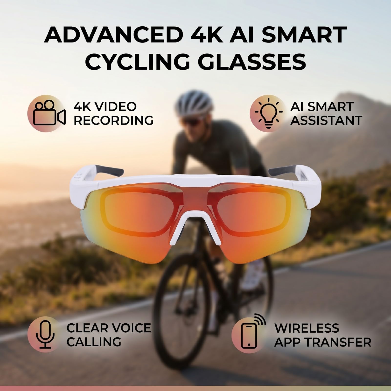 Occhiali Intelligenti da Ciclismo, Occhiali Sportivi con Fotocamera HD da 8 MP, Stabilizzazione EIS, BT 5.3, for Ciclismo e attività All'aperto (Bianco Blu)