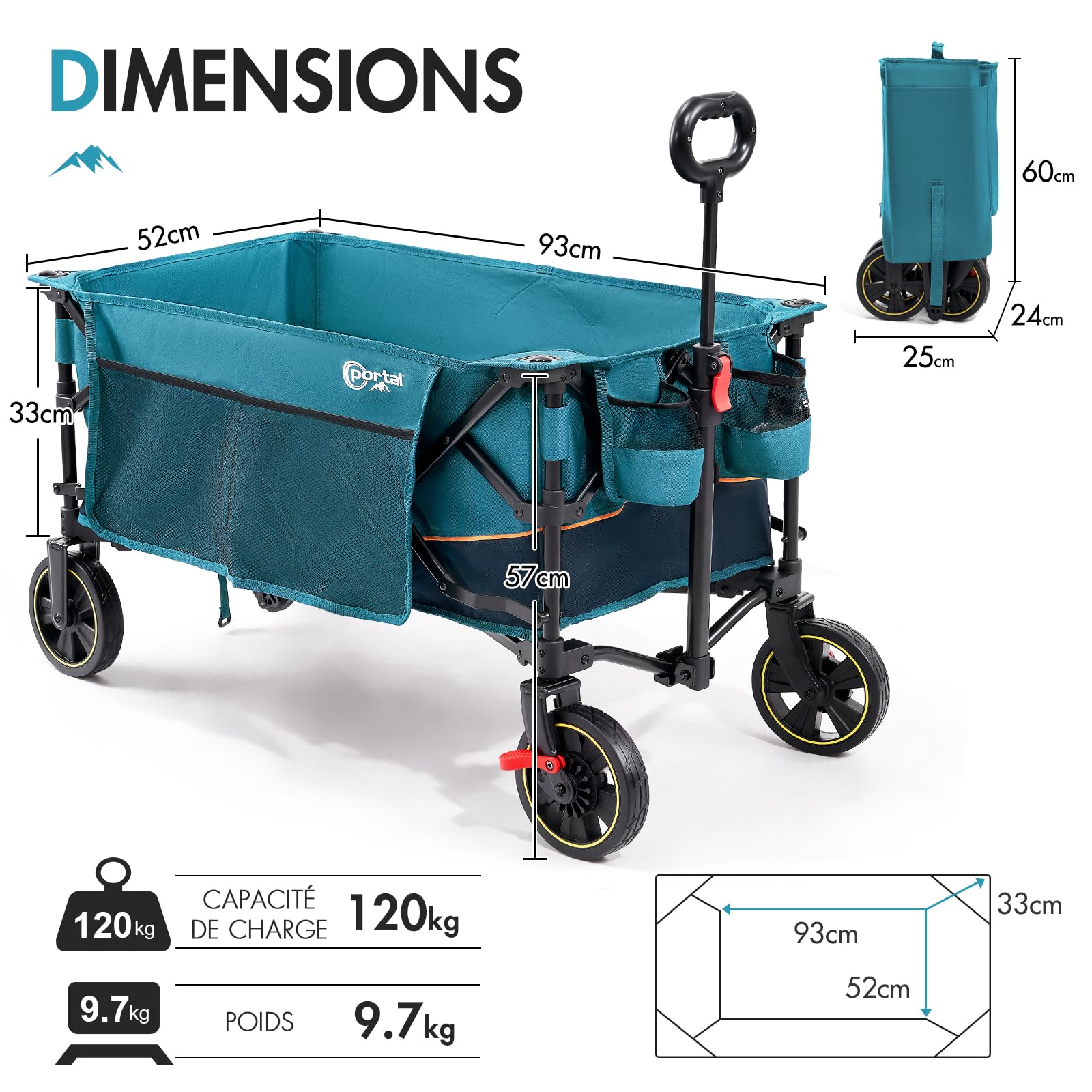 PORTAL Chariot de Plage Pliable, Chariot de Transport à roulettes Tout Terrain Poignée Réglable Charrette pour Extérieur Camping Pique-Nique avec Jusqu’à 120KG Bleu