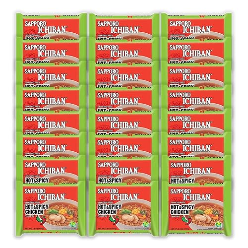 SAPPORO ICHIBAN Fideos ramen, sabor a pollo picante y picante, fideos instantáneos japoneses de degustación número 1 (3.5 onzas x 24 paquetes),