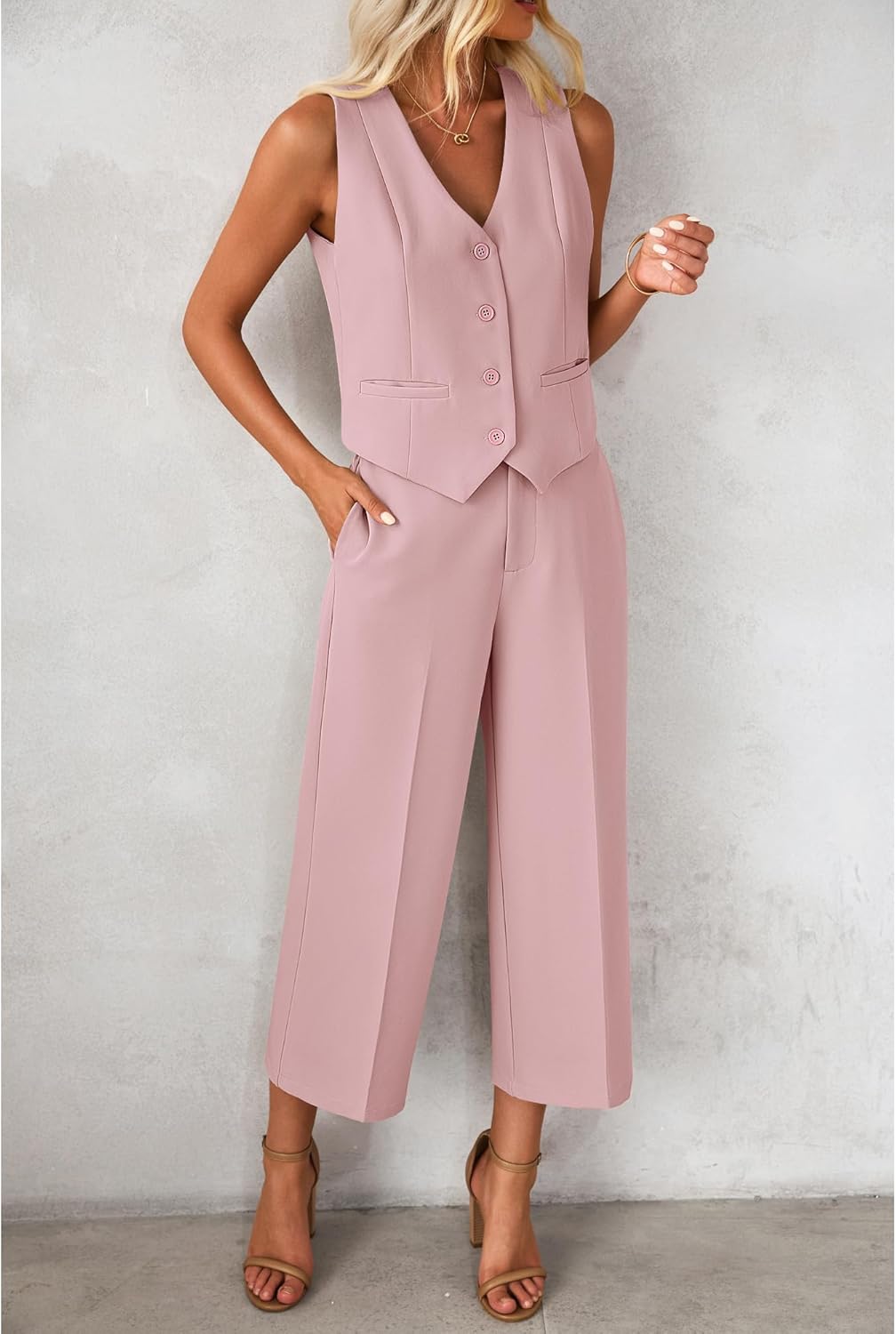 luvamia Pant Suits for Women Dressy Casual 2 Piece Sets Sleeveless Blazer Vest with Wide Leg Capri Pants Work Outfit