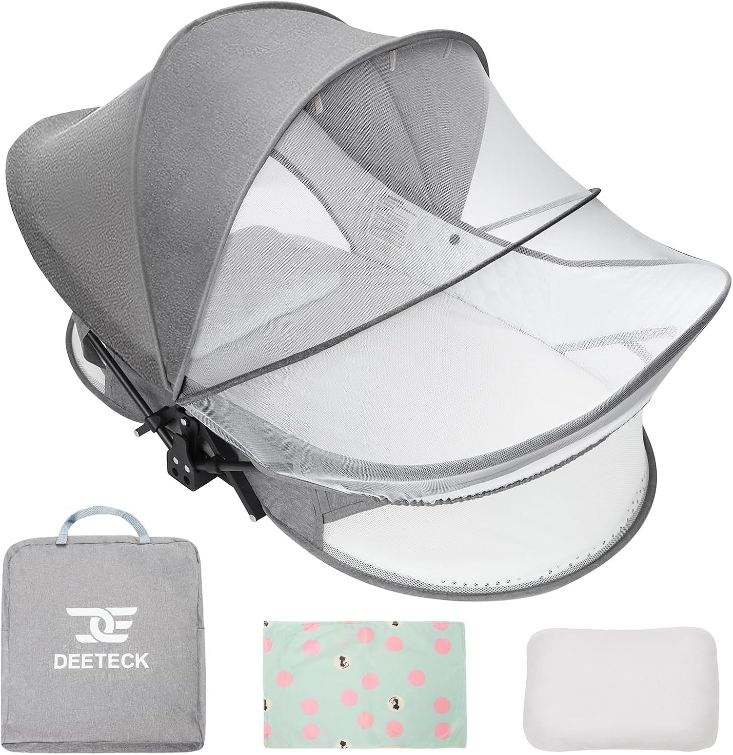 Portable Baby Bassinet for Travel: Foldable Baby Bassinet Travel Crib with Storage Bag for Newborn – Folding Camping Bassinet Infant Bed with Mosquito Net & Sunshade Canopy for Outdoor Gray