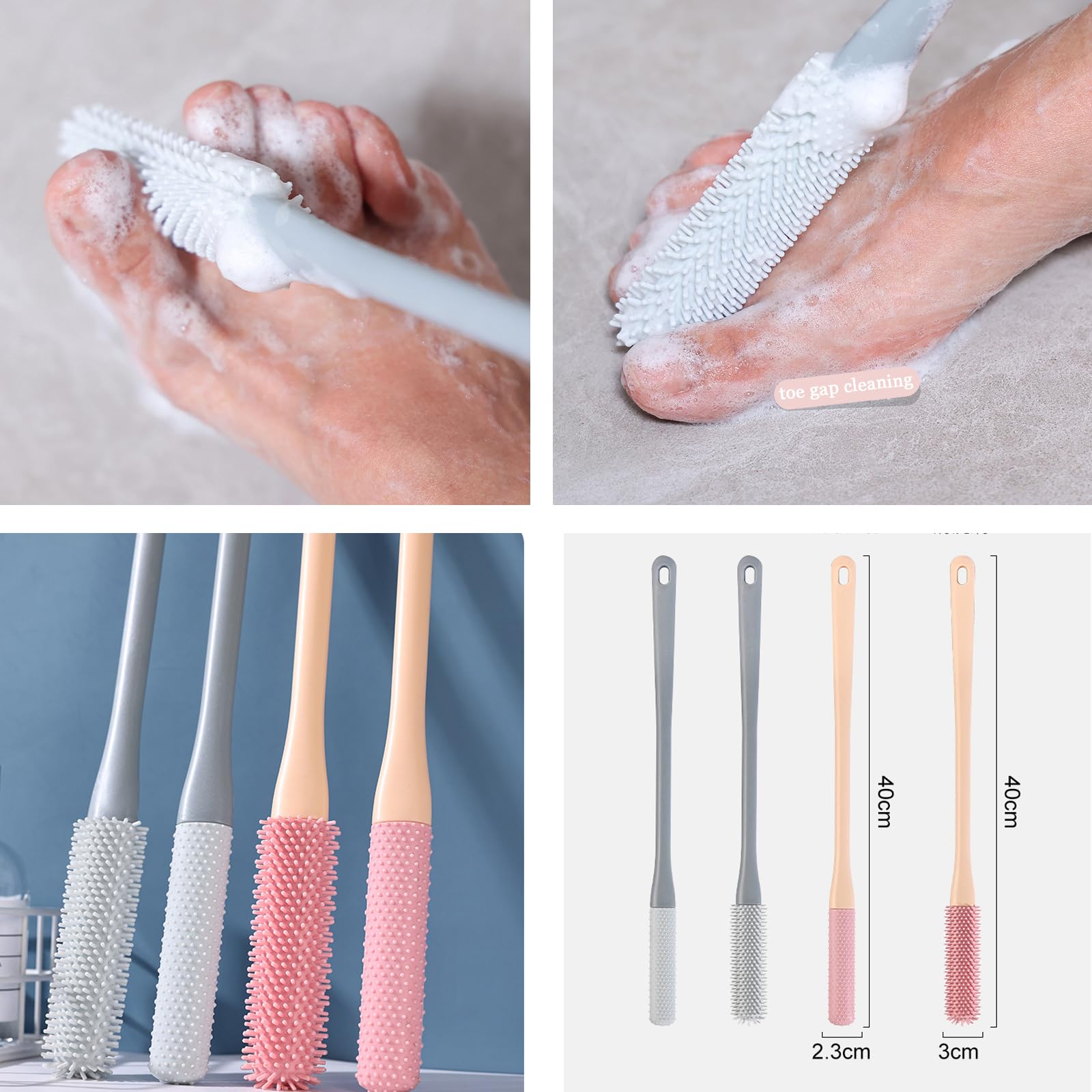 4PCS Toe Gaps Cleaning Brush,Silicone Foot Cleaning Brush with Long Handle,Toes and Feet Brushes with Two-Type Heads,Shower Foot Scrubber for Elderly (Pink&Gray) - Image 3
