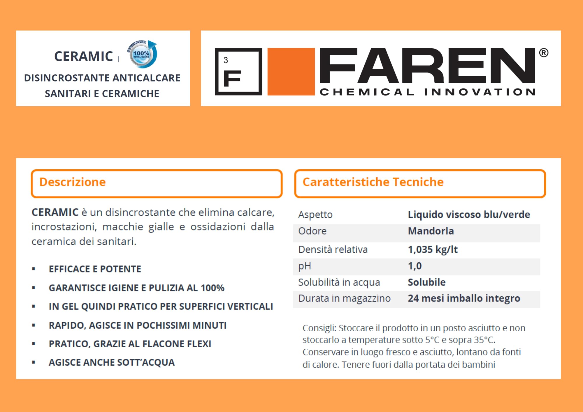 Faren CERAMIC Gel, Disincrostante Anticalcare per Sanitari e Ceramiche, Elimina Calcare e Macchie, Azione Rapida, 750ml