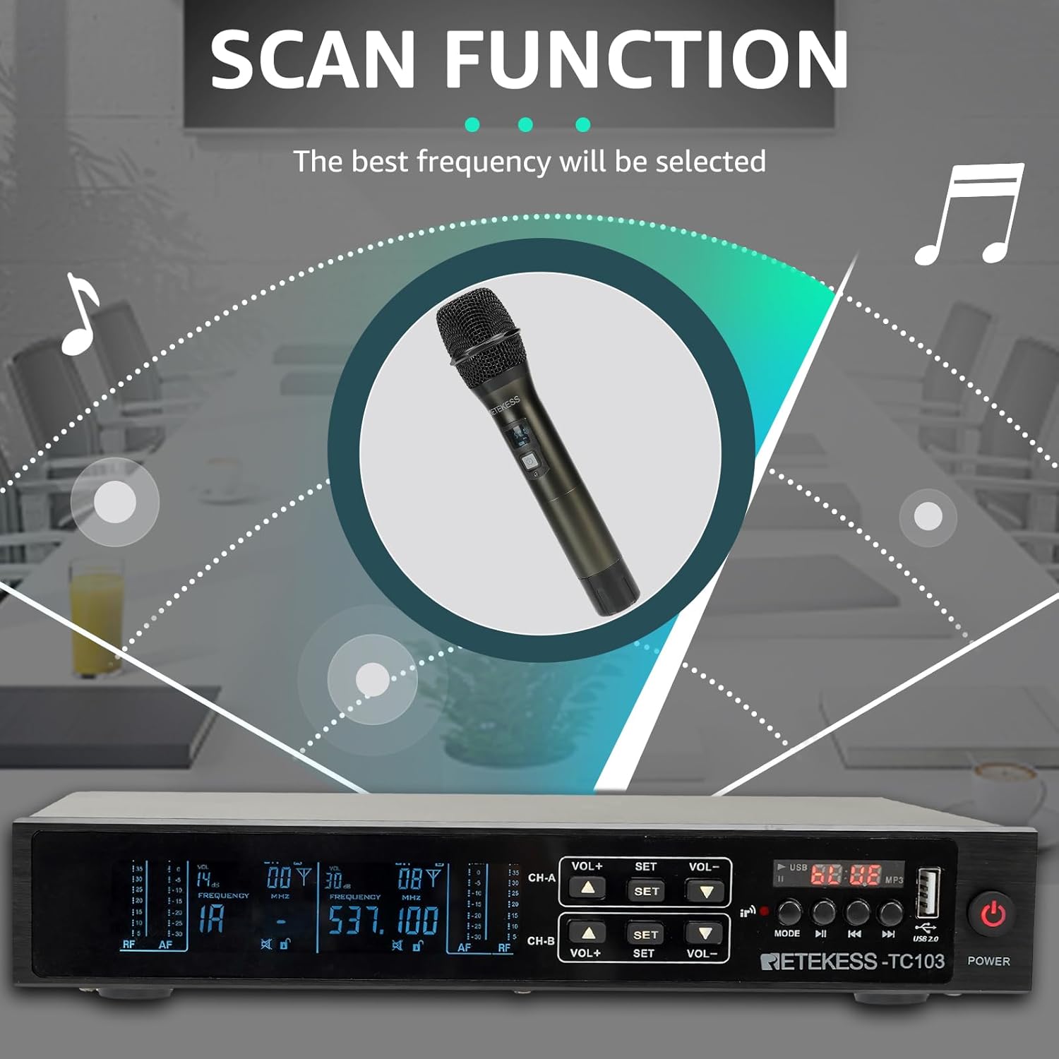 Retekess TC103 Wireless Microphones Bluetooth, Dual Wireless Handheld Microphone System, Auto Scan, 295ft, Professional Dynamic Microphones for Meeting, Party, Church, DJ, Wedding, Home KTV Set