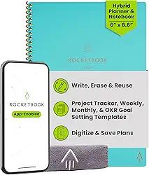 Rocketbook Caderno reutilizável Fusion Smart – com 1 caneta Pilot Frixion e 1 pano de microfibra incluído – capa Neptune Teal, tamanho executivo (15 x 22,5 cm)