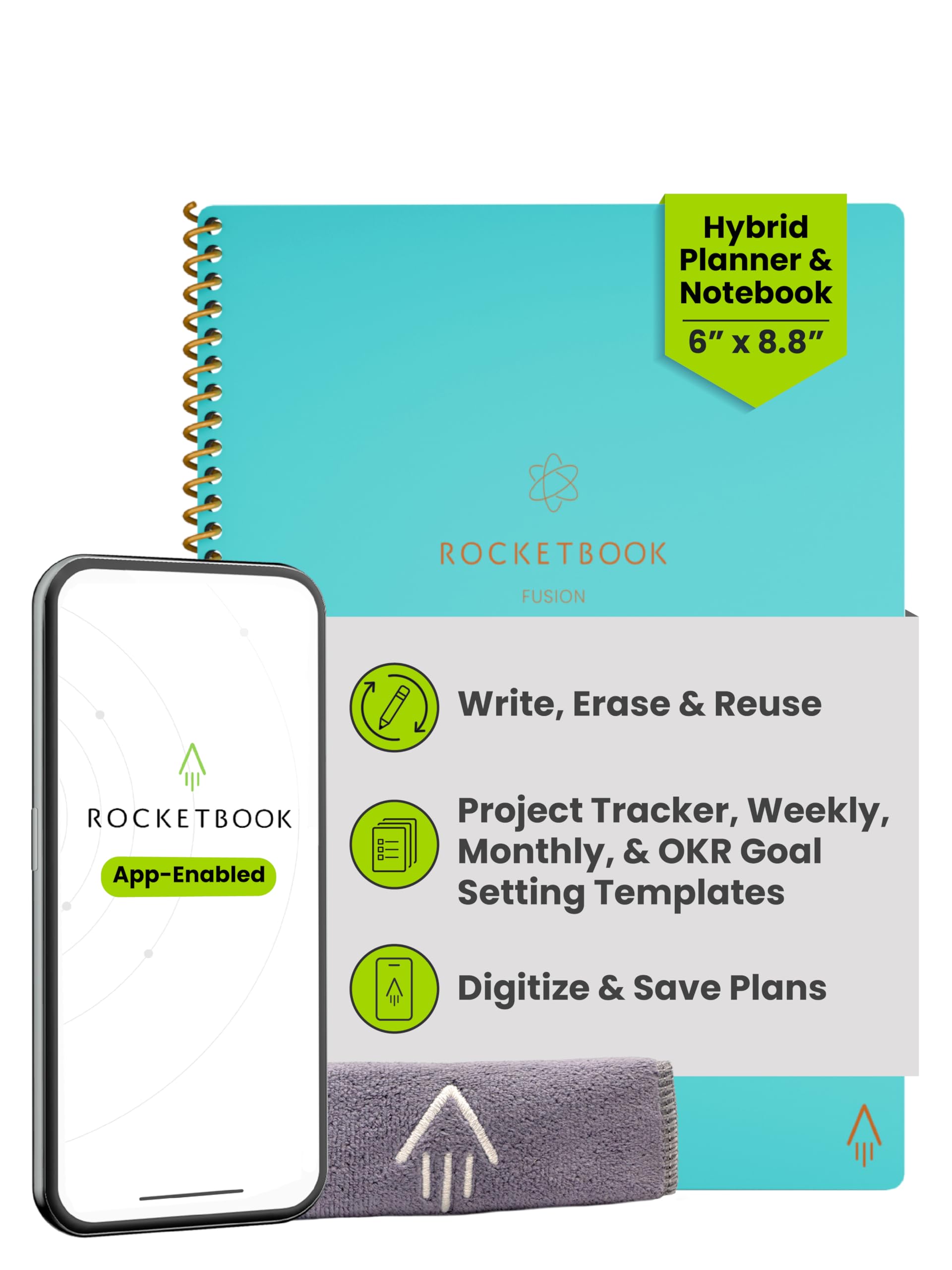 Rocketbook Fusion Hybrid Reusable Planner and Notebook in One, Additional Blank Pages, Goal and Project Tracker, Undated Planner, Executive Size 6x8.8, Teal (Pack of 1)