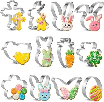 Easter Cookie Cutter Set, 12 Pieces Easter Bunny Cookie Cutter Set for Baking - Carrot, Bunny Face, Leaf, Egg, Flower, Butterfly Shapes Holiday Themed Party Supplies