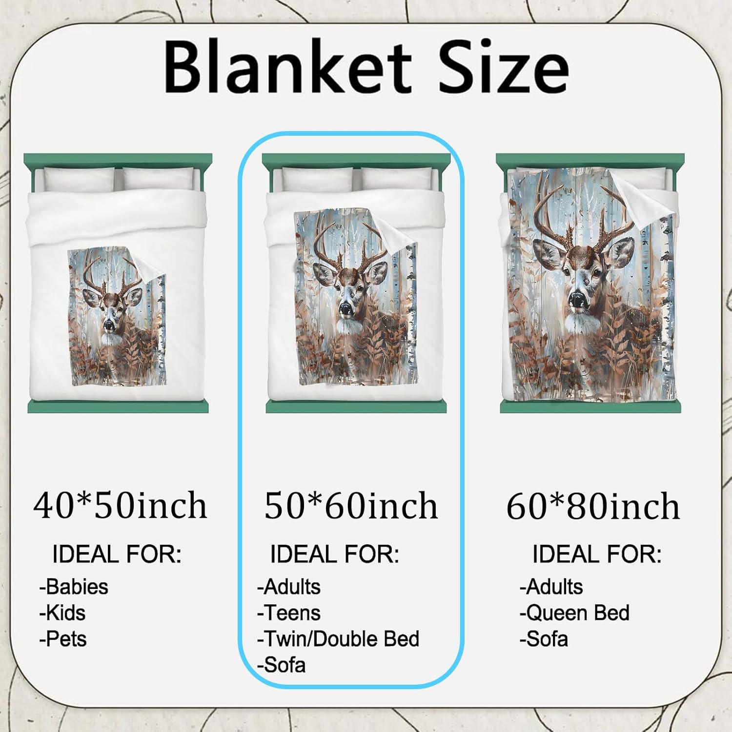 Rustic Deer Flannel Blanket,Autumn Forest Throw with Watercolor Buck and Birch Tree,Animal Lightweight Fleece Blankets for Wildlife Lover,Couch,Cabin,Bed,Camping Decor Gifts,60x50in - Image 3