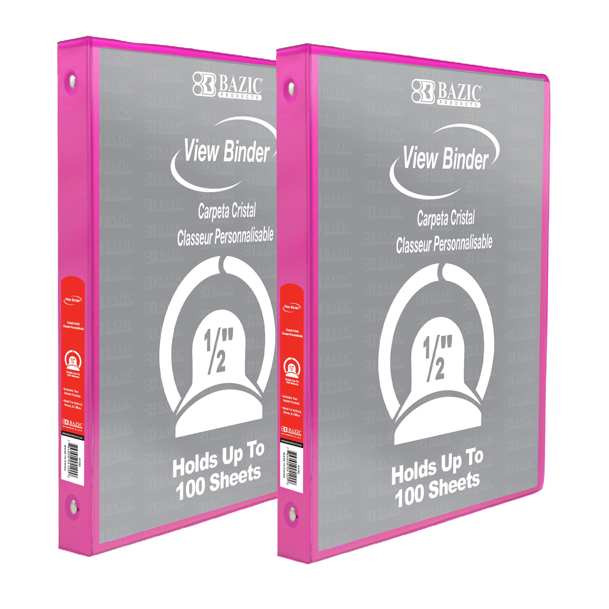 BAZIC Products 1/2 in Fuchsia 3-Ring View Binder, Round Ring, 2-Pack