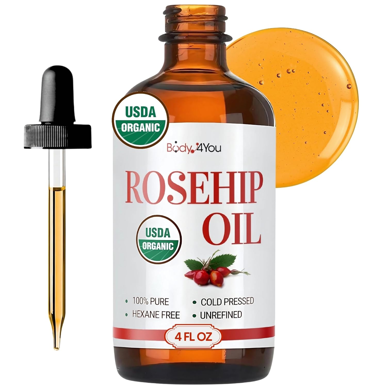 BodyJ4You Rosehip Oil for Face - 100% Pure Natural USDA Organic Cold Pressed - Hydrating Skin Hair Nails Anti-Aging Wrinkle Scar Treatment Gua Sha - Non-GMO Undiluted Carrier - Glass Bottle 4 Fl Oz