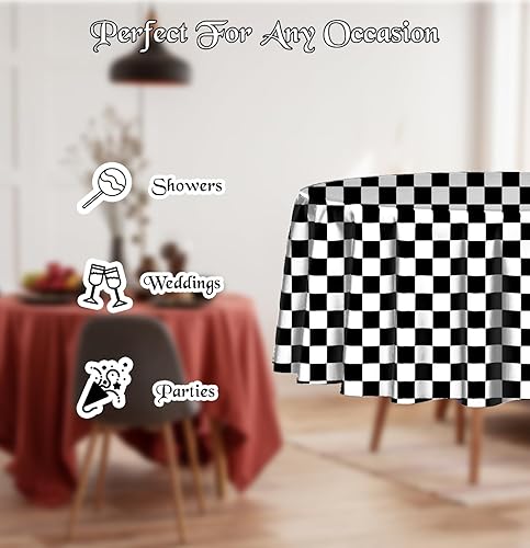 Miniatura 6 de Paquete de 3 manteles redondos a cuadros en blanco y negro de 84 x 84 pulgadas, mantel desechable para mesas redondas, auto de carrera, fiesta