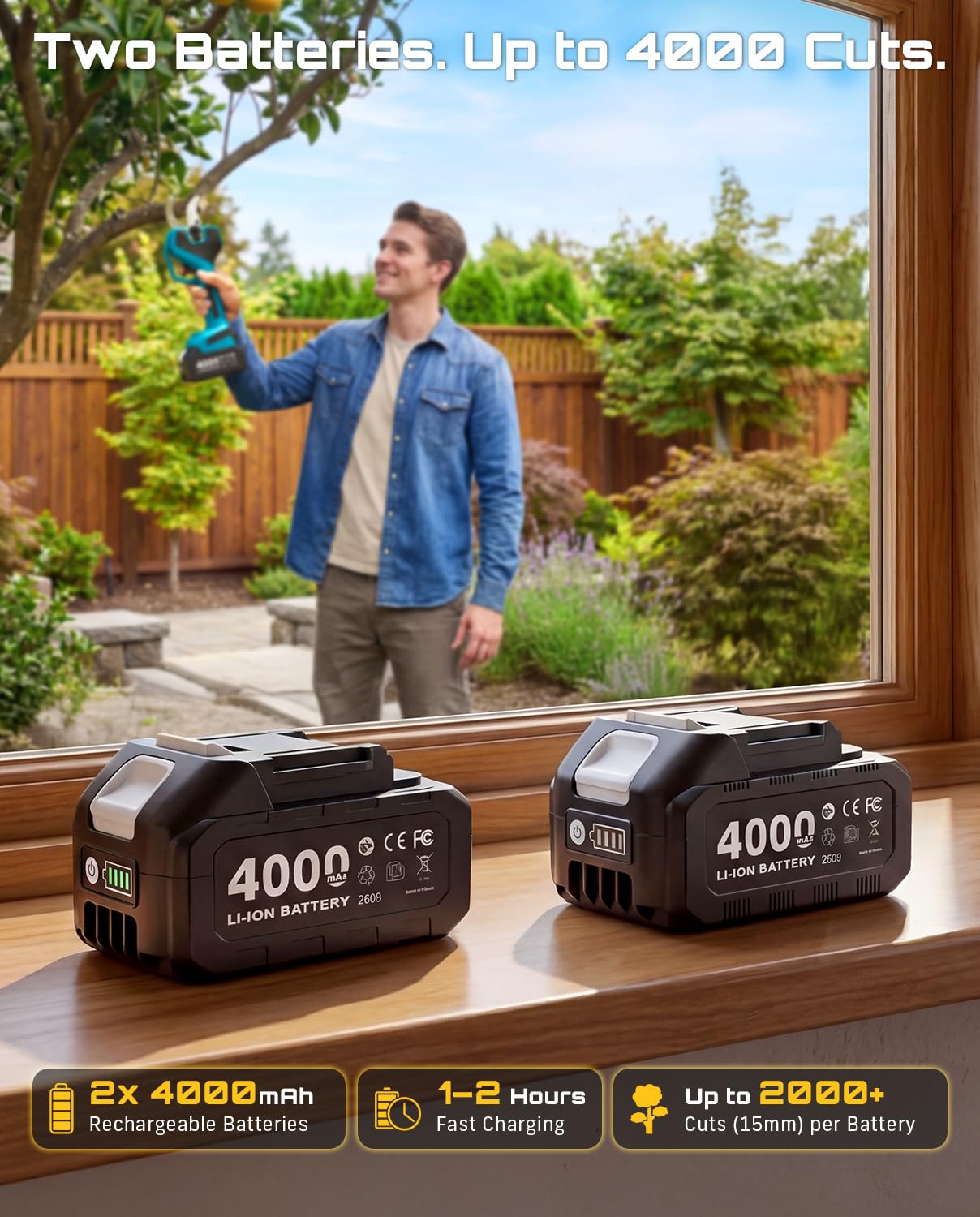 SEESII Tijeras de podar eléctricas con batería de 55 mm con luz LED, 2 baterías de 4000 mAh, hoja SK5, motor sin escobillas, pantalla LCD, para huertos, paisajismo y jardinería profesional