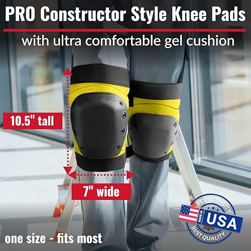 Miniatura 2 de Rodilleras PRO Constructor Style con 3 niveles de protección, color amarillo, 1 par, tapa de plástico de soporte plano y cierres ajustables