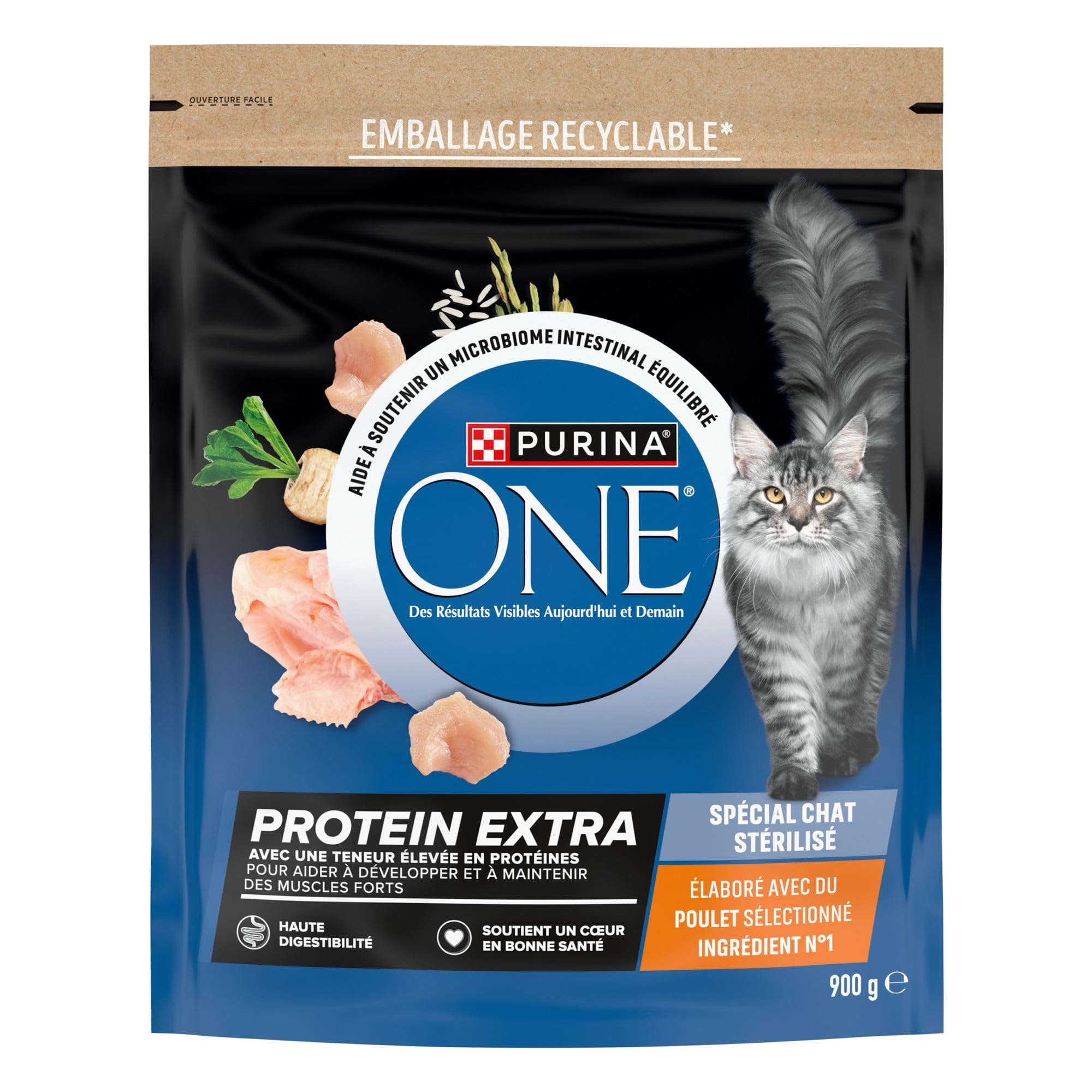 PURINA ONE Dodatkowe białko, sterylizowane karmy dla dorosłych kotów, wysoka zawartość białka i aminokwasów, silne mięśnie, kurczak, zestaw 6 worków po 900 g