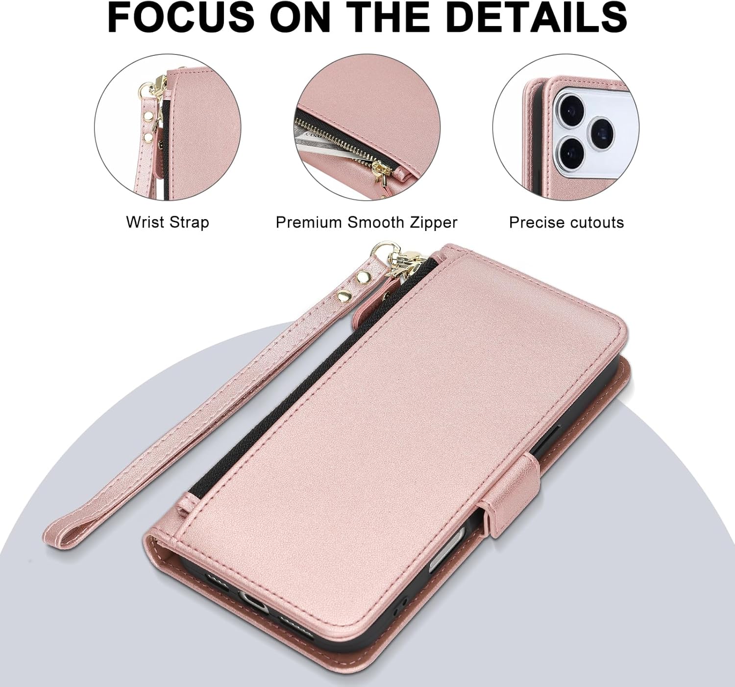 COBEAR for iPhone 17 Pro Case Wallet, Pu Leather Flip Phone Case with Wrist Strap, Zipper Pocket, Kickstand, Women Men Phone Wallet Case with Card Holder for iPhone 17 Pro,Rose Gold - Image 6
