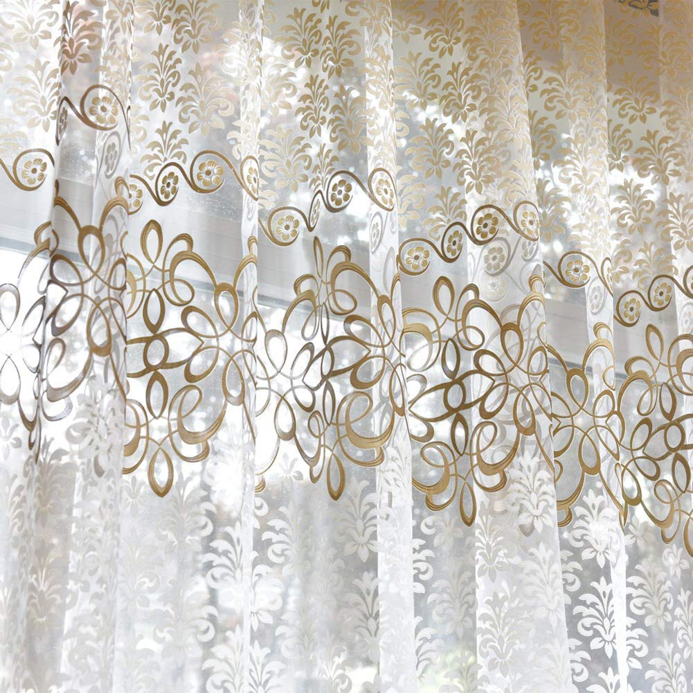 HM&DX 2 Tende In Tulle Trasparenti Con Ricamo Pavone - Blu, 100x270 Cm (Occhielli)