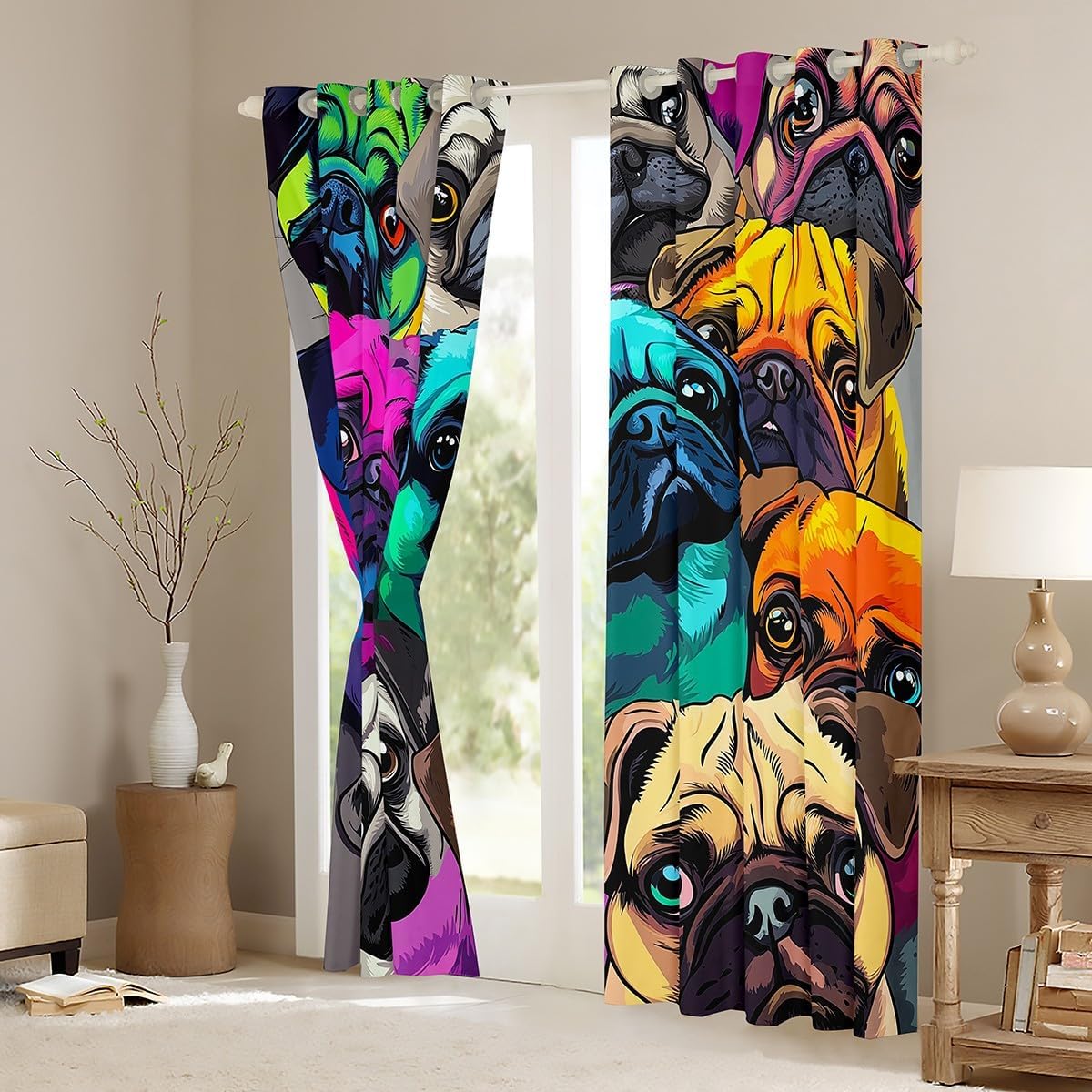 Erosebridal Pug Window Curtains Lovely Pug Dog Window Drapes Colorful Pugs Curtain Panels for Kids Boys Girls Cartoon Pet Animals Window Treatments Living Room Decor 42W x84L Child Room Decor
