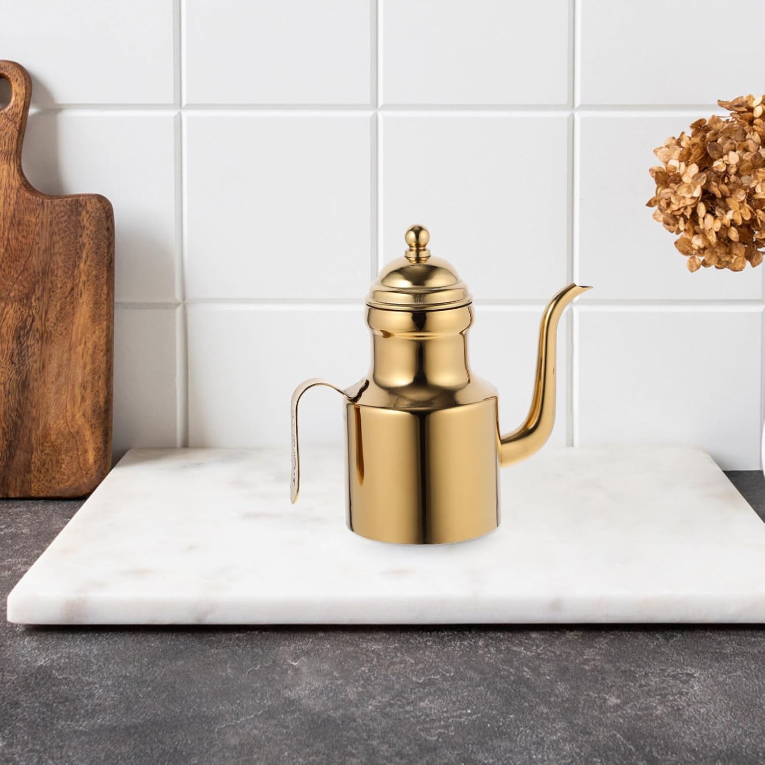 Golden Olive Oil Dispenser Bottle Stainless Steel, Cooking Oil Dispenser for Oil or Vinegar Cruet, Drip Sauce Bottle for Kitchen, Large Oil Dispenser with Drip Spout (11oz)
