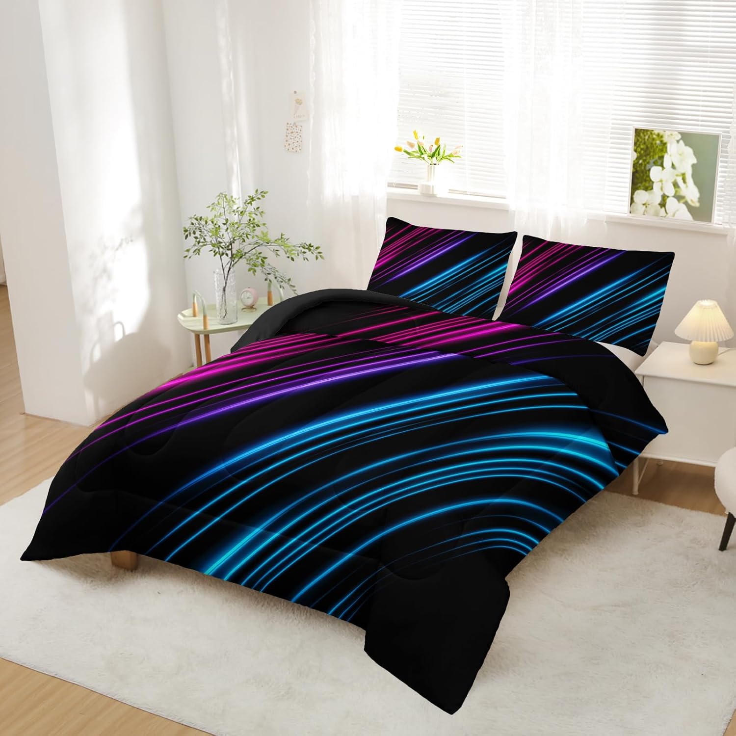 QOOMO Neon Line Kids Comforter Set, Color Lines Bedding Set, Lightweight Blue Comforter Sets, Full Bed Sets for Teen Girls Boys, 1 Comforter Set 2 Pillowcases