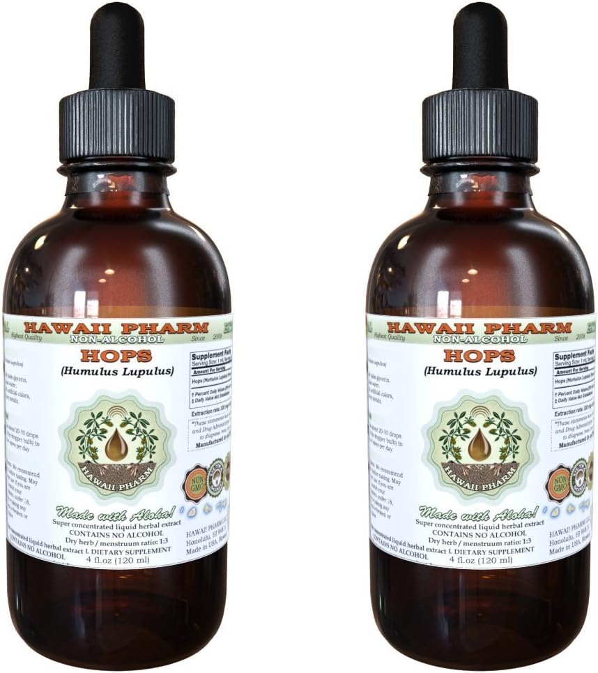 Hops Alcohol-Free Liquid Extract, Organic Hops (Humulus Lupulus) Dried Flower Glycerite Hawaii Pharm Natural Herbal Supplement 2x4 oz