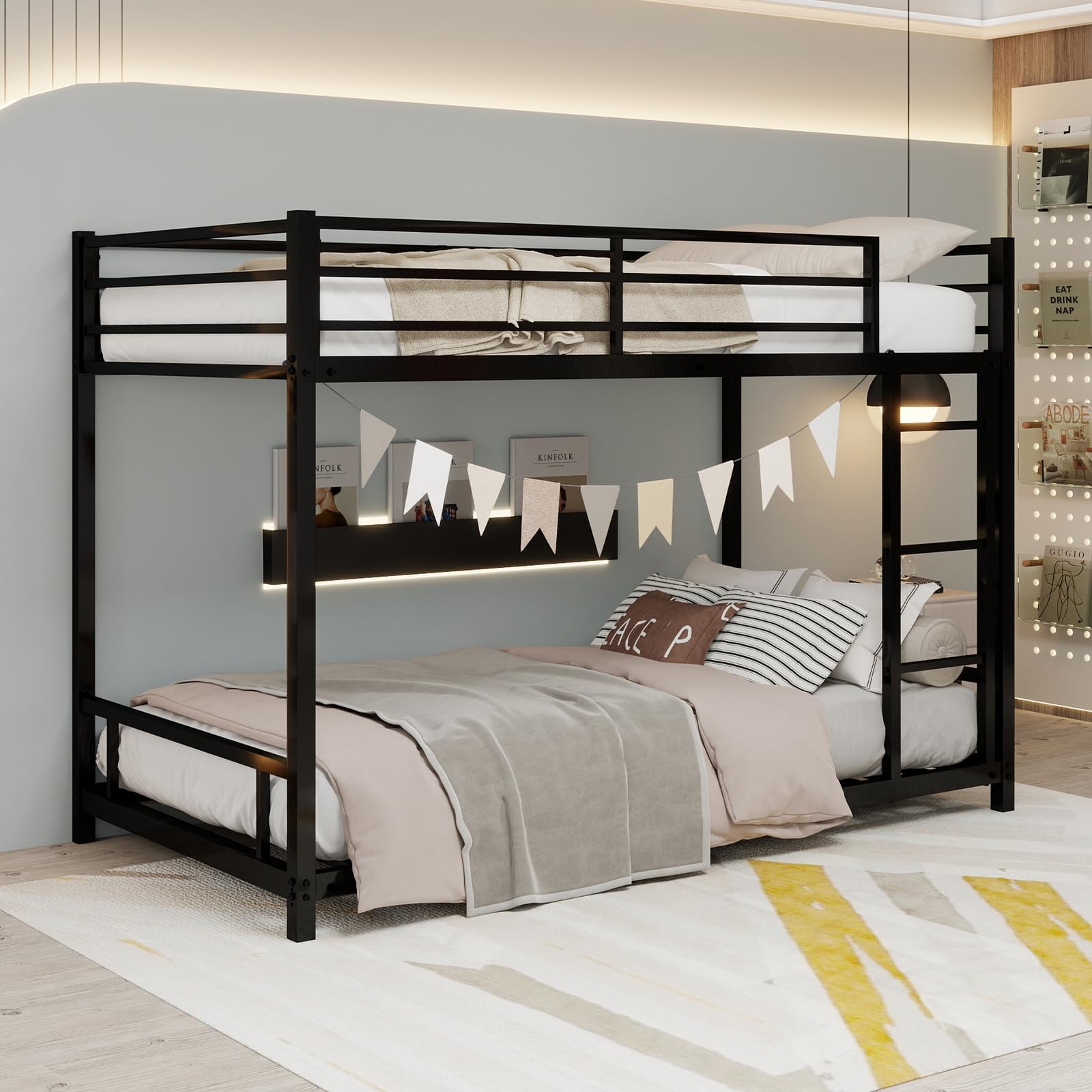 Twin Over Twin Bunk Bed, Metal Low Profile Bunkbed with Side Ladder, Heavy-Duty Sturdy Metal, Noise Reduced, Safety Guardrail, No Box Spring Needed (Black)