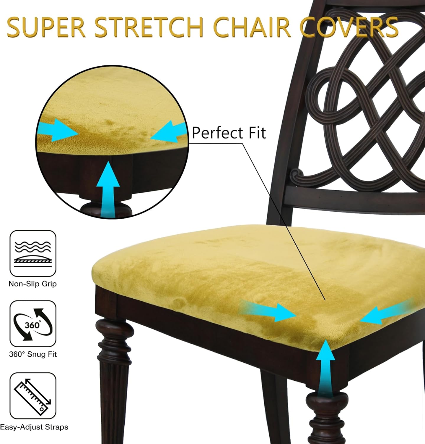 MANSPHIL Gold Velvet Chair Seat Covers Set of 4 - Durable & High Stretch Fit 14"-20" Dining Room Chair Covers for Kitchen - Washable Removable Seat Slipcovers Protector with Straps