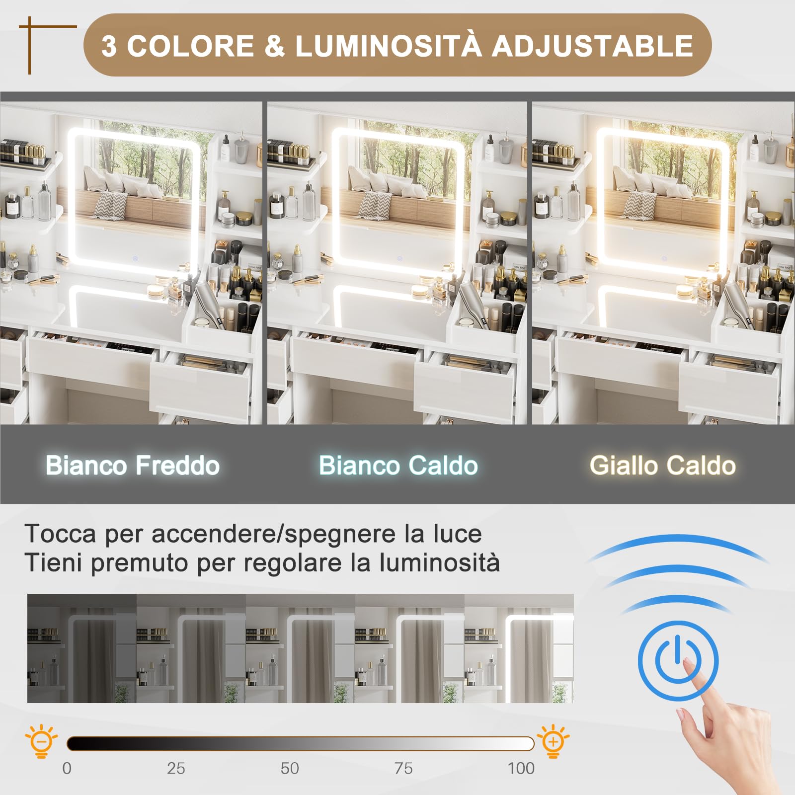 TRIUMPHKEY Toeletta da Trucco con Luci LED,Postazione Trucco,Toletta con Specchio,Tavolo da Trucco on 4 Ripiani,7 Cassetti e 3 Scomparti Aperti,Moderna (Bianco Lucido)