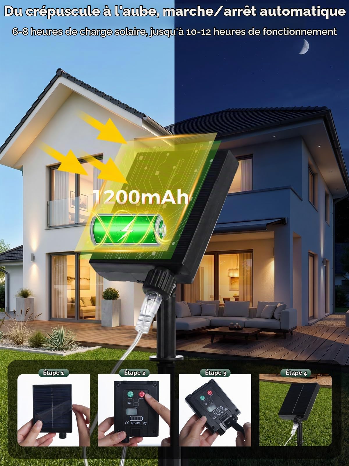 Guirlande lumineuse solaire extra longue Fil vert extérieur 60 m Guirlande lumineuse solaire étanche 600 LED pour terrasse, jardin, arrière-cour, arbre, mariage, Noël