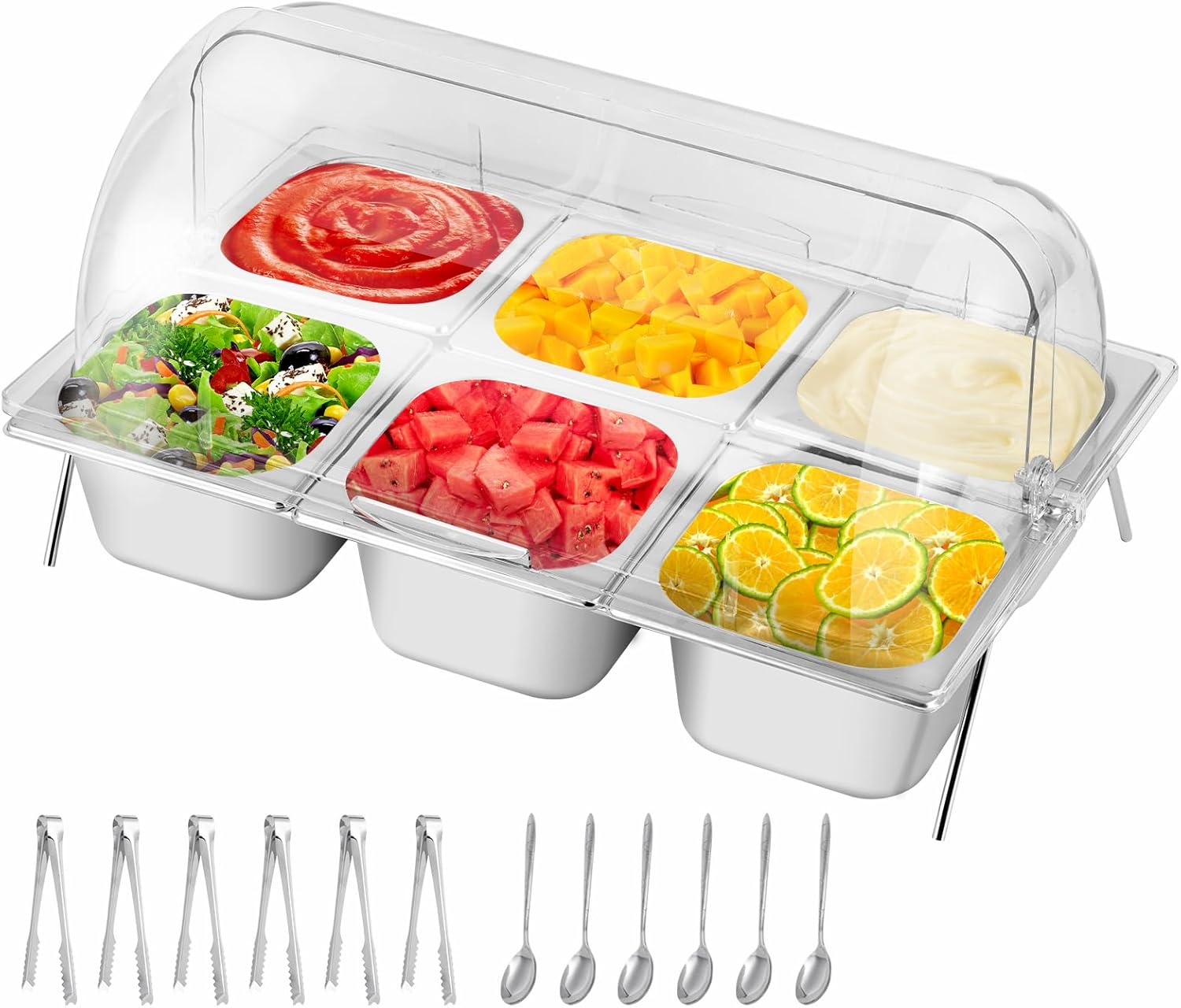 Spice Rack Stainless Steel Organizer with Roll Top Cover Condiment Serving Container Food Serving Dishes Trays For Buffet Server Pizza Topping Station Salad Dressing Trays Seasoning Container