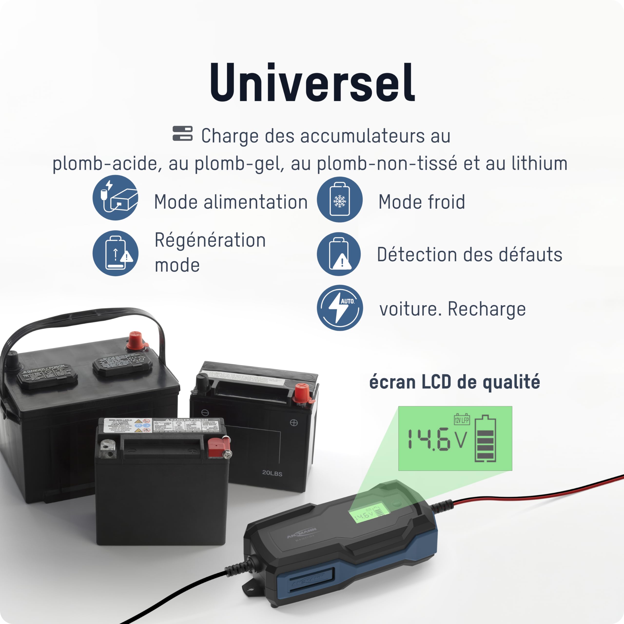 ANSMANN Chargeur Intelligent à 10 étapes 6V 12V / 10A avec écran LCD pour Batteries Plomb-Acide, Plomb-Gel et Plomb-Lies, Ainsi Que Batteries 12V LiFePo4 pour Voiture, Moto et camionnette