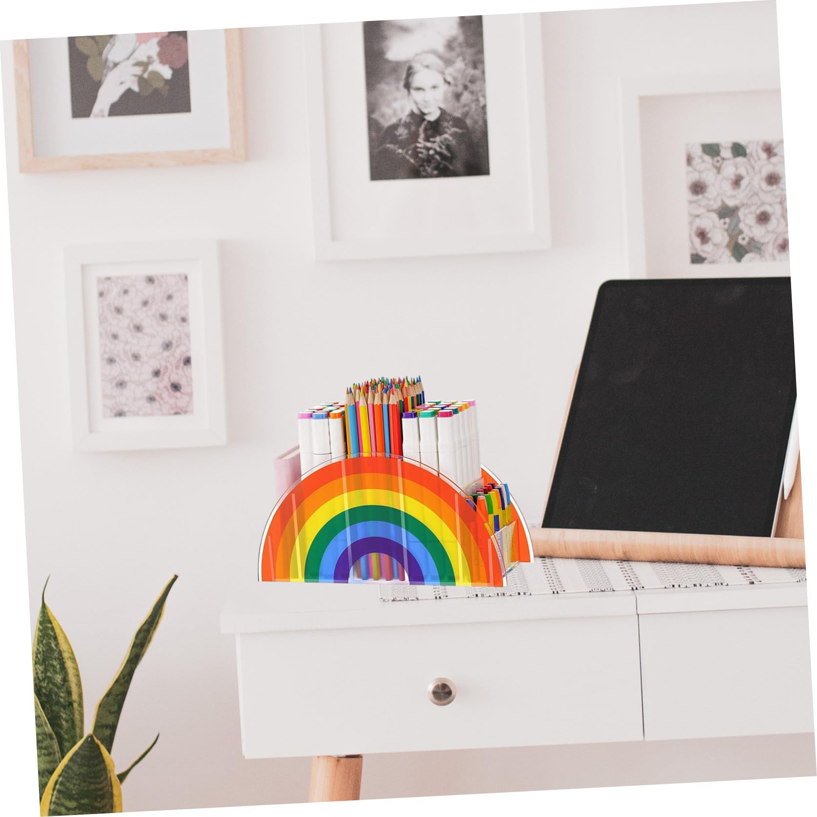 Contenedor de Lápices de Acrílico Arcoíris Portátil para Organizar Escritorio, Estuche Exquisitamente Hecho para Cosméticos en Mesa