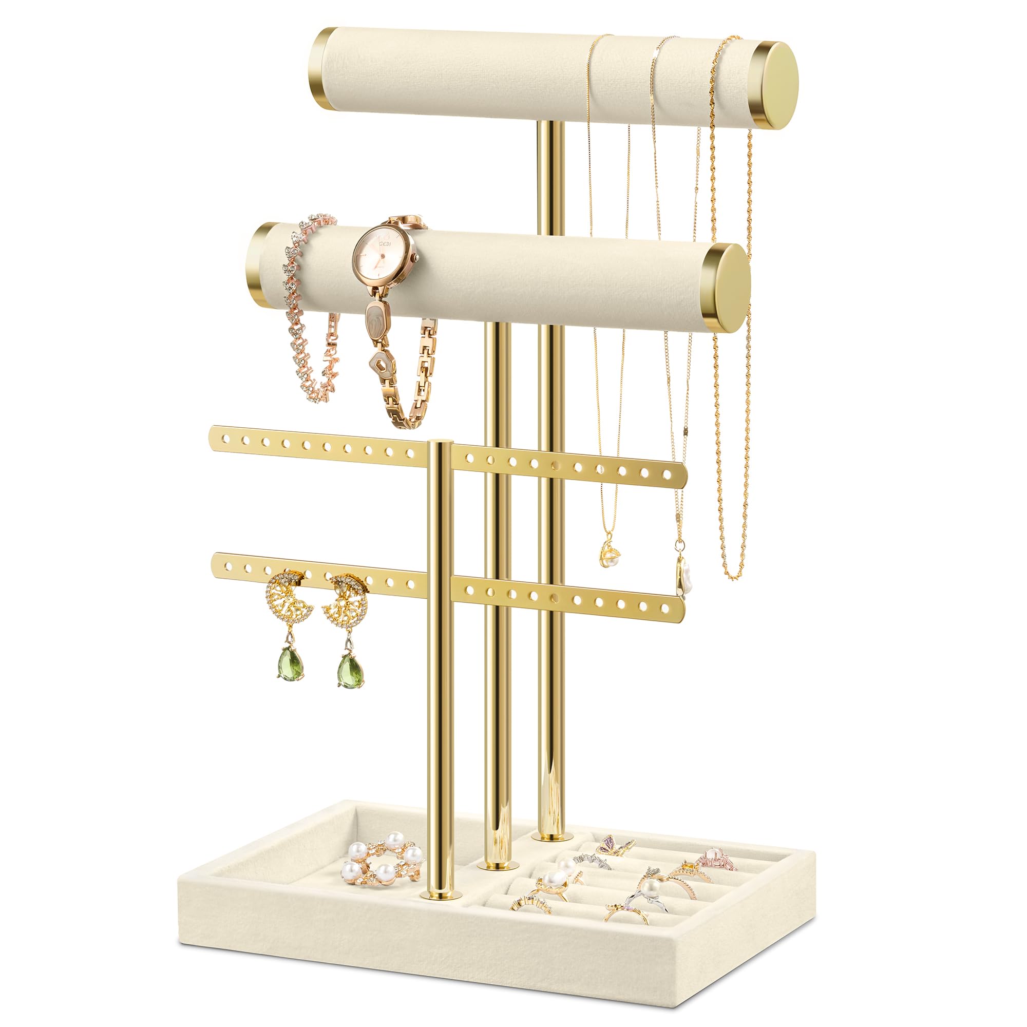 Josmimic Bracelet Holder Jewelry Organizer Display - 3 Tier T Bar Velvet Stand Beige Jewelry Storage for Bracelet