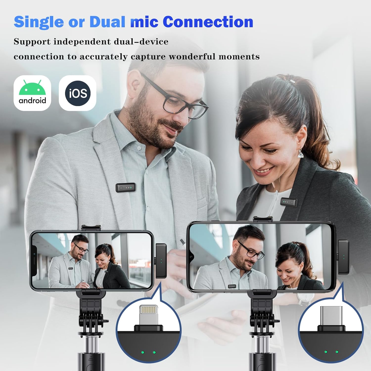 Wireless Microphone for iPhone 15 16, Android, Lavalier Mini Mic for Video Recording, Vlogging, Podcast, Clip on Lapel Microphone with Noise Reduction, 20H Charging Case, 70FT Transmission - Image 2