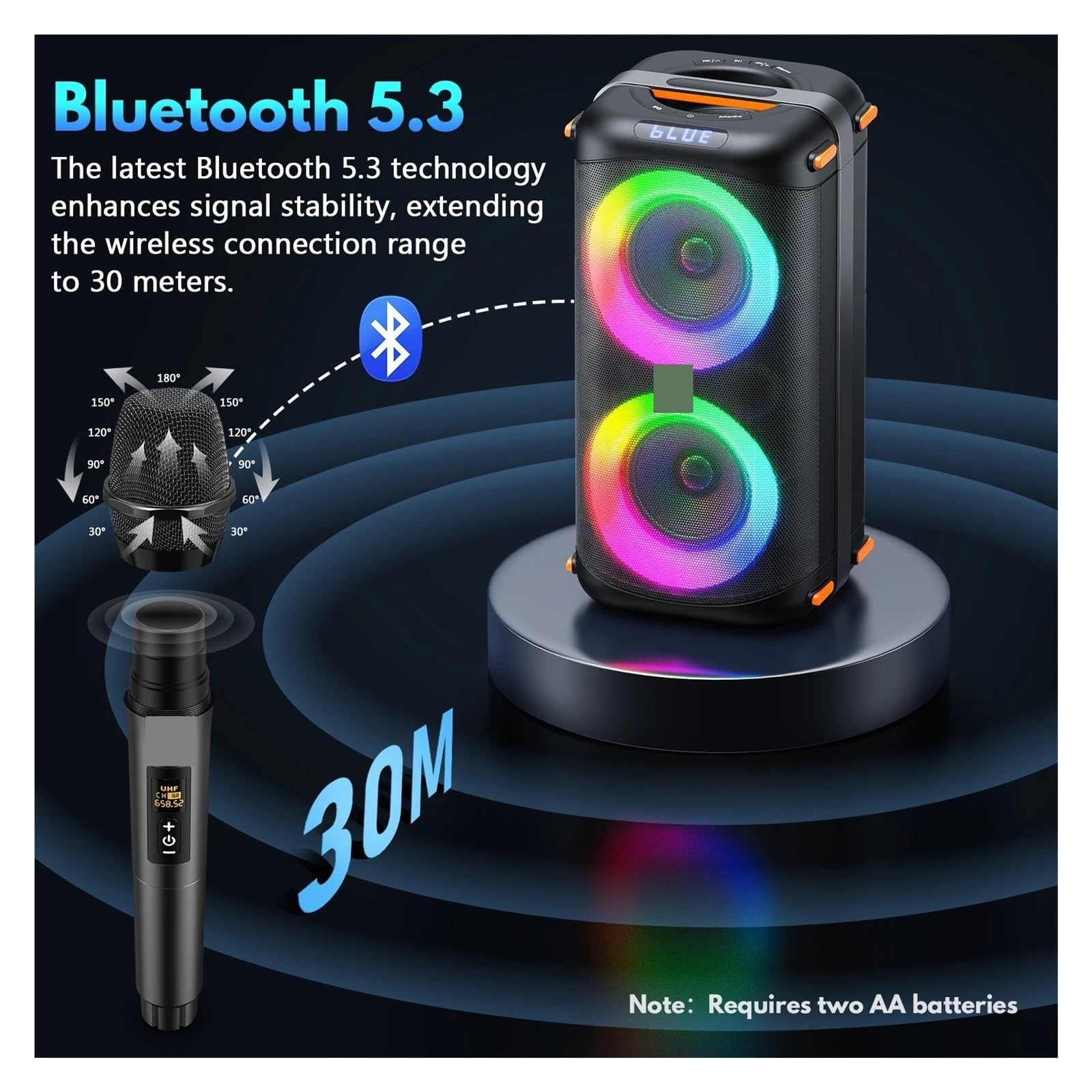 Altavoz Karaoke Con 2 Micrófonos Inalámbricos, Sonido Potente Graves Profundos, Luces DJ 360°, Compatible USB/TF/AUX CaptacióN De Sonido NíTida