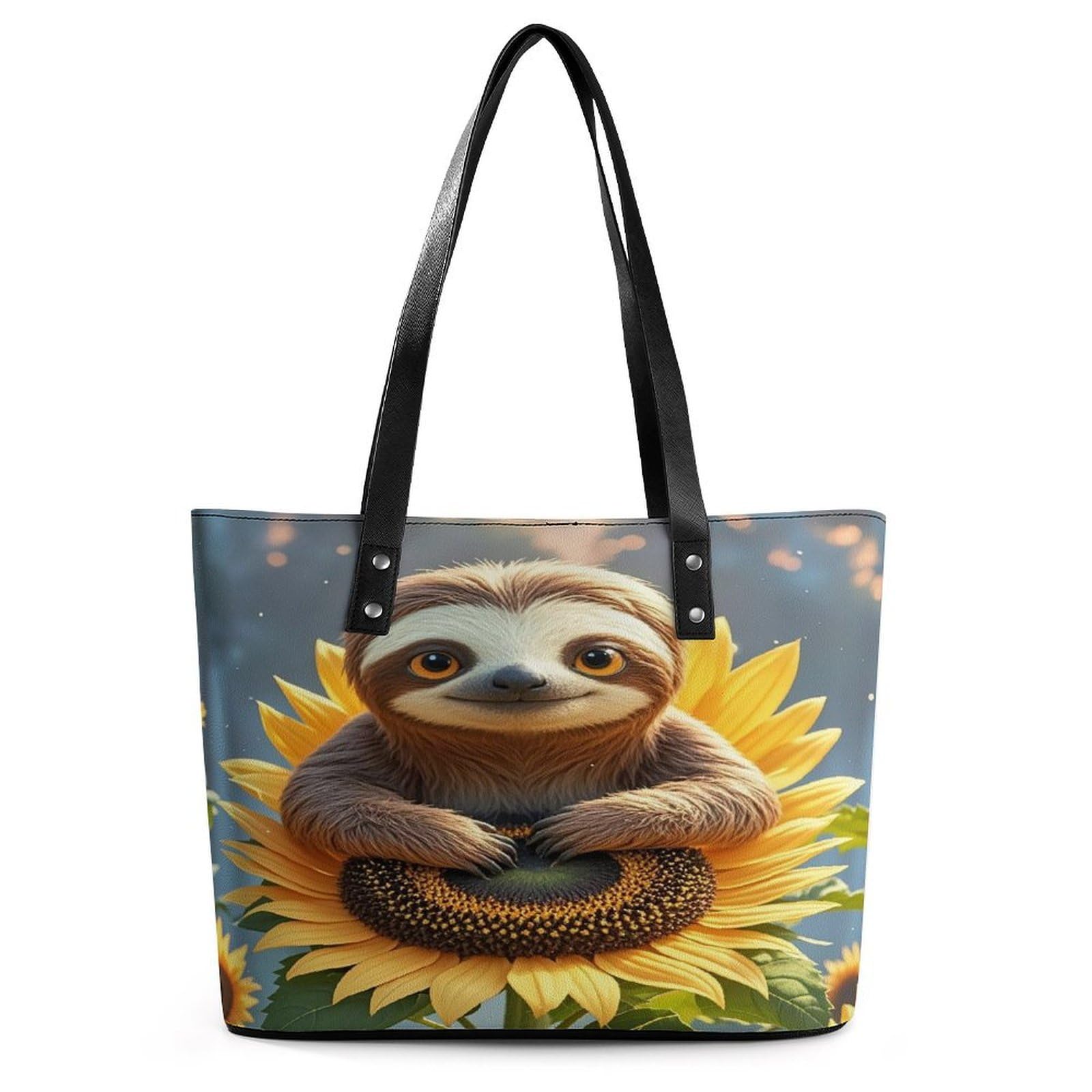 Cartoon Sloth Sitting on Sunflower Handbag for Women Leather Tote Bag Exquisite Satchel Bags for Leather Ladies Handbag