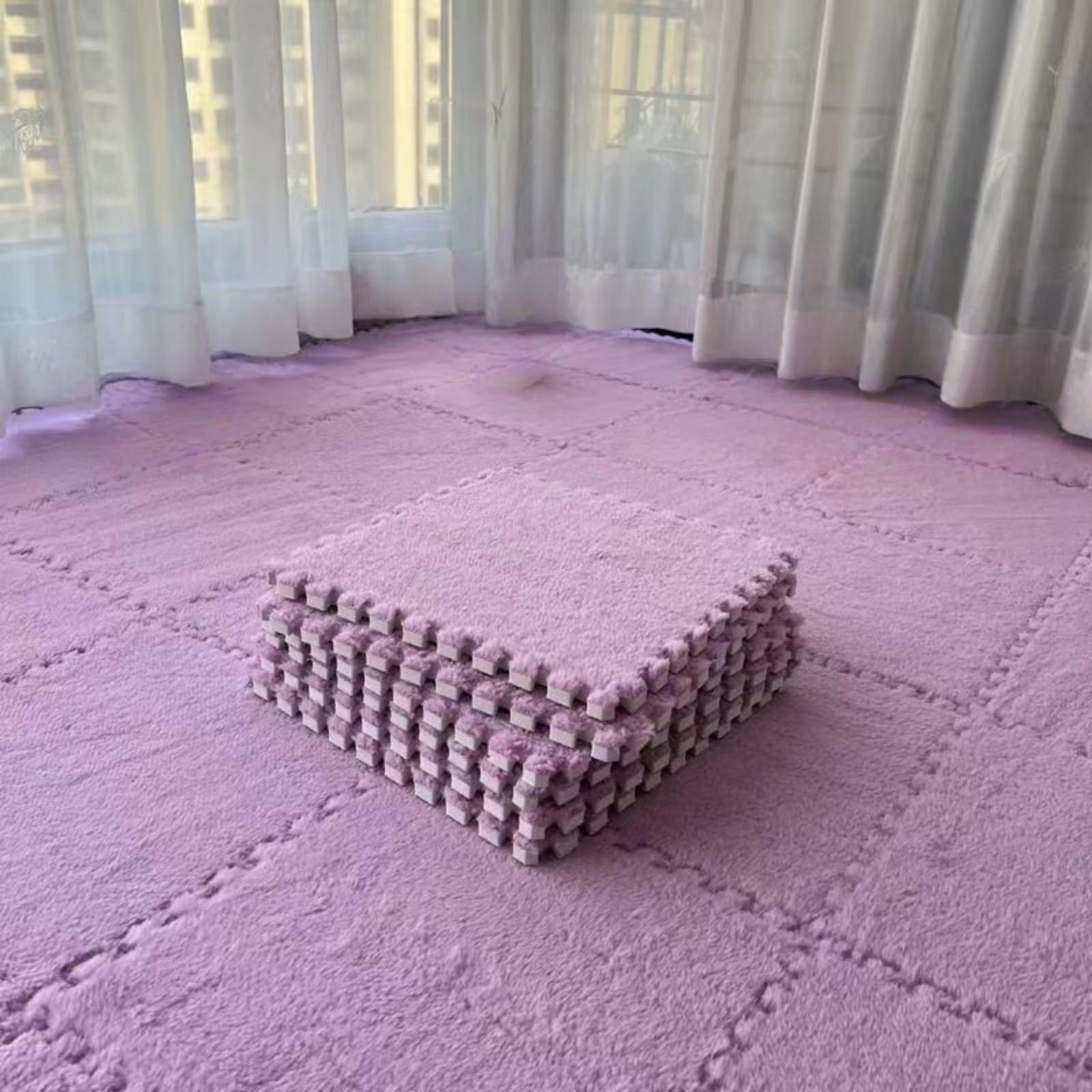 Hiseng 5/10 pcs Interlocking Foam Floor Tiles 30x30cm, Squares Puzzle Carpet Tiles Plush Floor Mats Soft Shaggy Foam Rug for Kids Bedroom Living Room Home Decoration, Solid Colors (Purple,10pc)