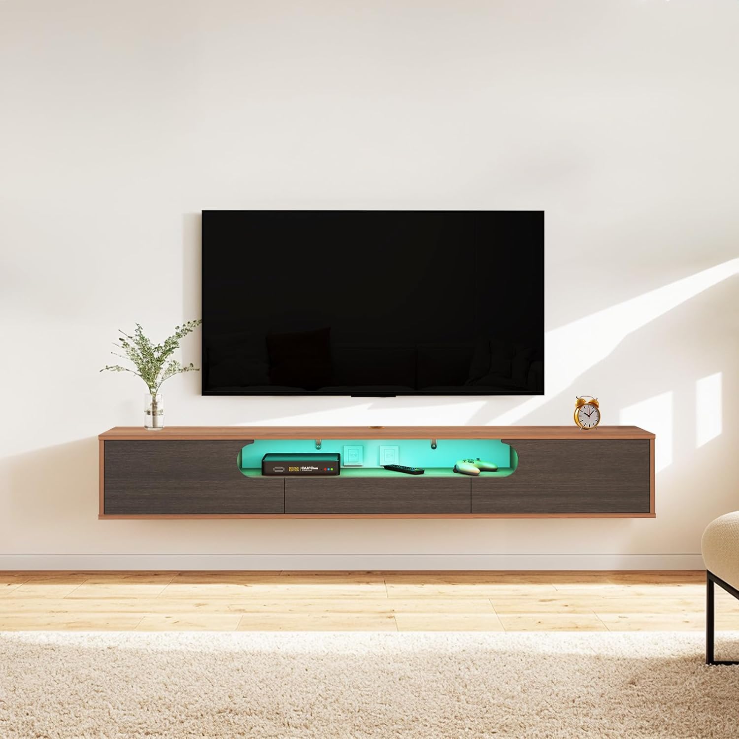 Pmnianhua Floating TV Stand with LED Lights,70'' Wall Mounted TV Cabinet Floating Under TV Shelf Media Console Entertainment Center with Storage Living Room Playroom Bedroom(Walnut) 70 IN Walnut