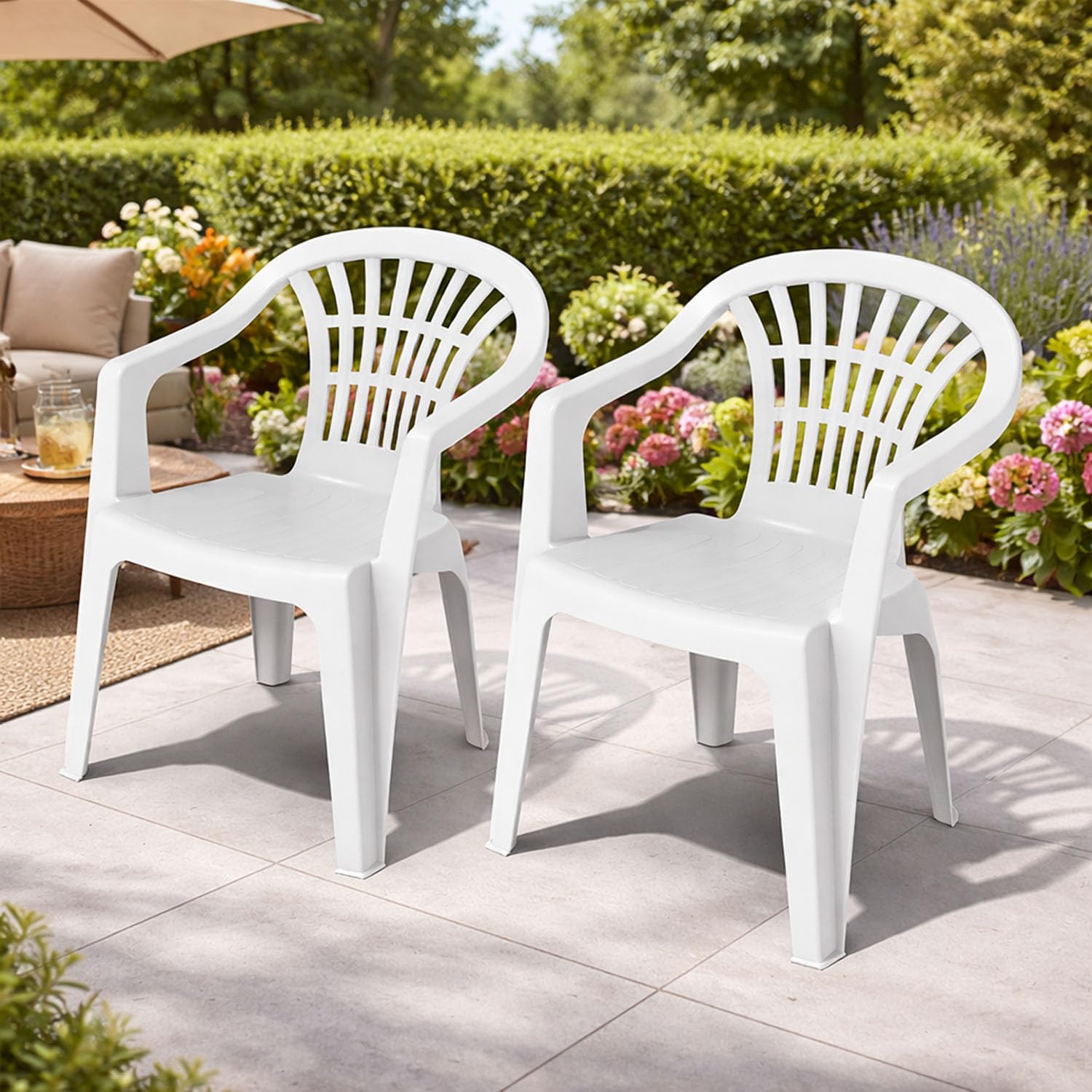 Mojawo 2 Stück Stapelstuhl Gartenstuhl Altea Bistrostuhl Gartensessel Balkonstuhl Kunststoff stapelbar Balkonmöbel Gartenmöbel Weiß