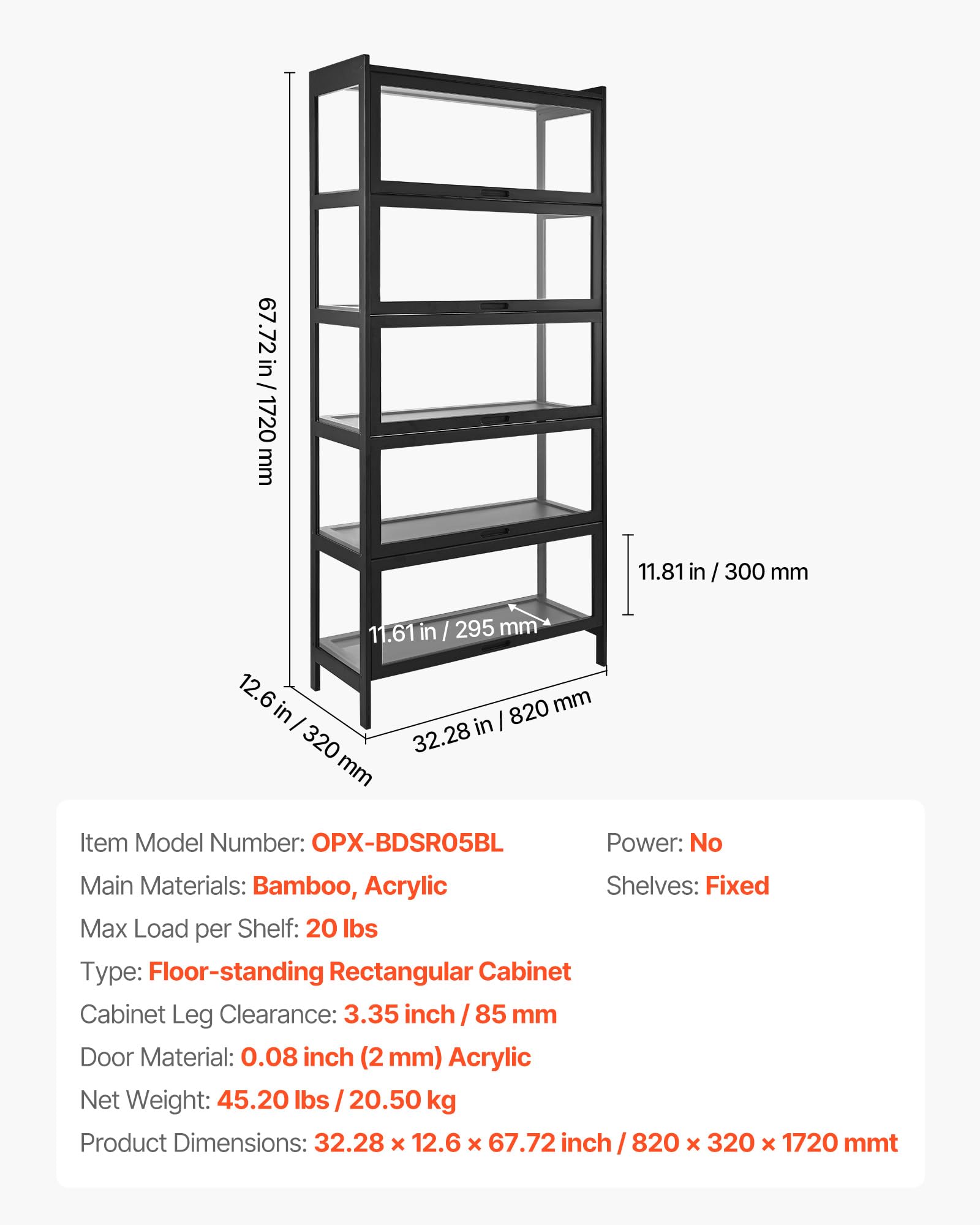 VEVOR Vetrina con Ante in Acrilico, Vetrina per Oggetti Curiosi a 5 Ripiani Alta 1720 mm, in Legno Naturale, per Giocattoli da Collezione, Libreria per Casa, Ufficio, Sala Giochi, Soggiorno