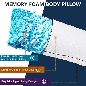 Body Pillow for Adults, Full BodyPilllow for sleeping, Long Round Cervical Pillow, Bolster Pillow, Side Sleeper BodyPillow with Cover (WHITE-MEMORY FOAM, 137 x 50 CM)
