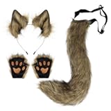 HAOAN Faux Fur Wolf Ears Headband Fox Tail and Paw Gloves Set Cosplay Halloween Costume Accessories