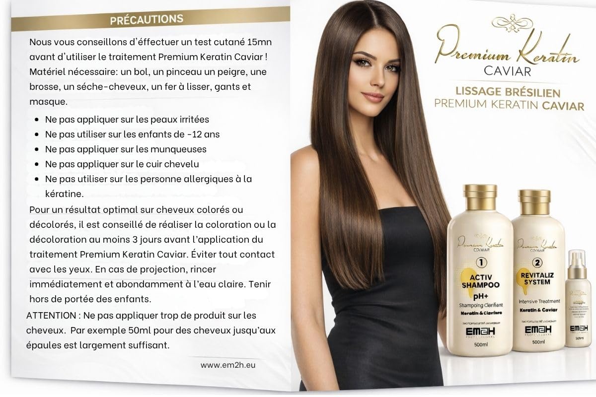 Premium Keratin Caviar Kit Lissage Brésilien - Soin lissant à la kératine - Lisse, réduit les frisottis, apporte brillance et souplesse (2 x 500 ml)