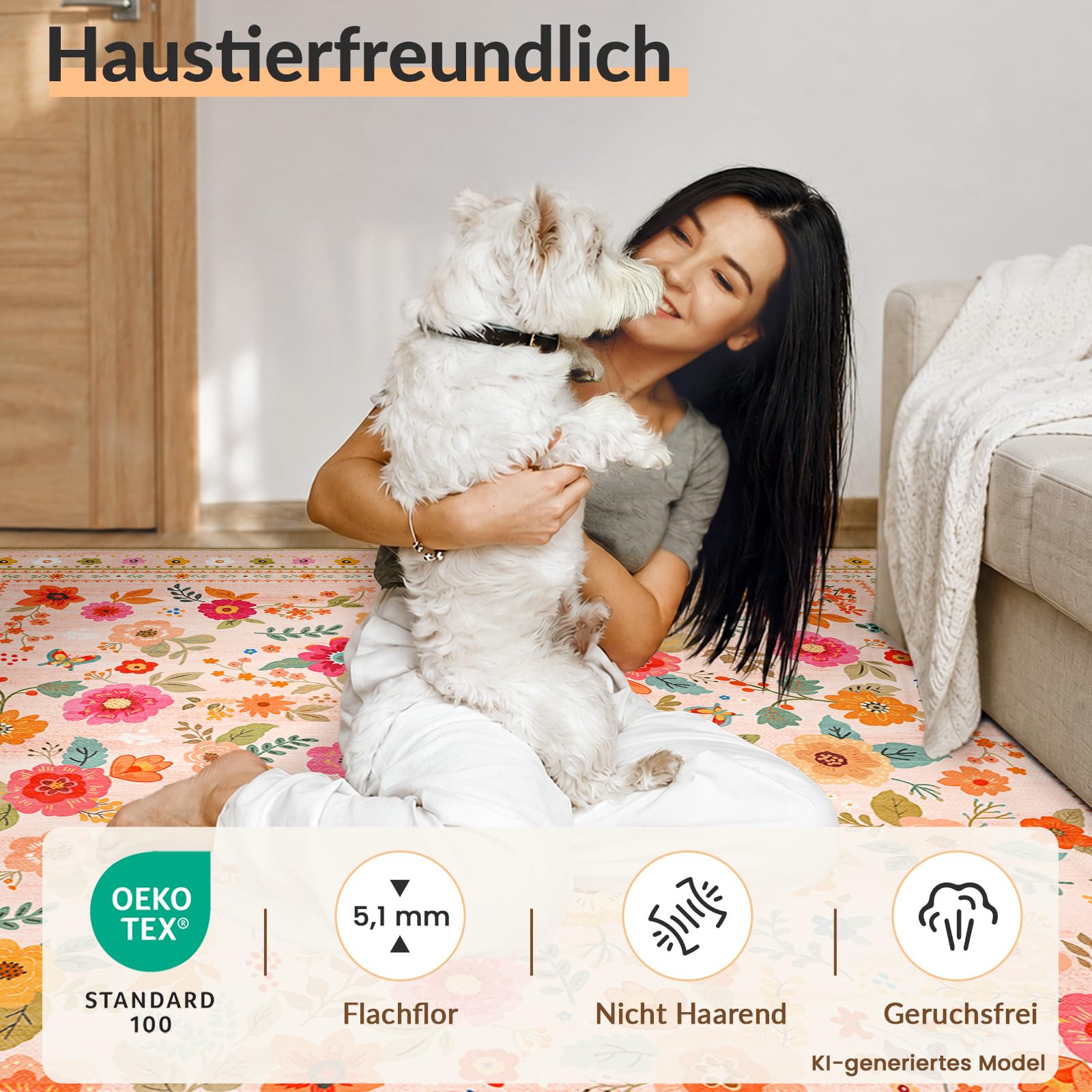 INOVADAY Waschbarer Teppich 120x180 cm Rosa/Beige Wohnzimmer Teppich | Schlafzimmer, Küche, Eingangshalle, Badezimmer, Esszimmer, Kurzflor, Rutschfest, Blumen Print, Boho, Weich, Pflegeleicht