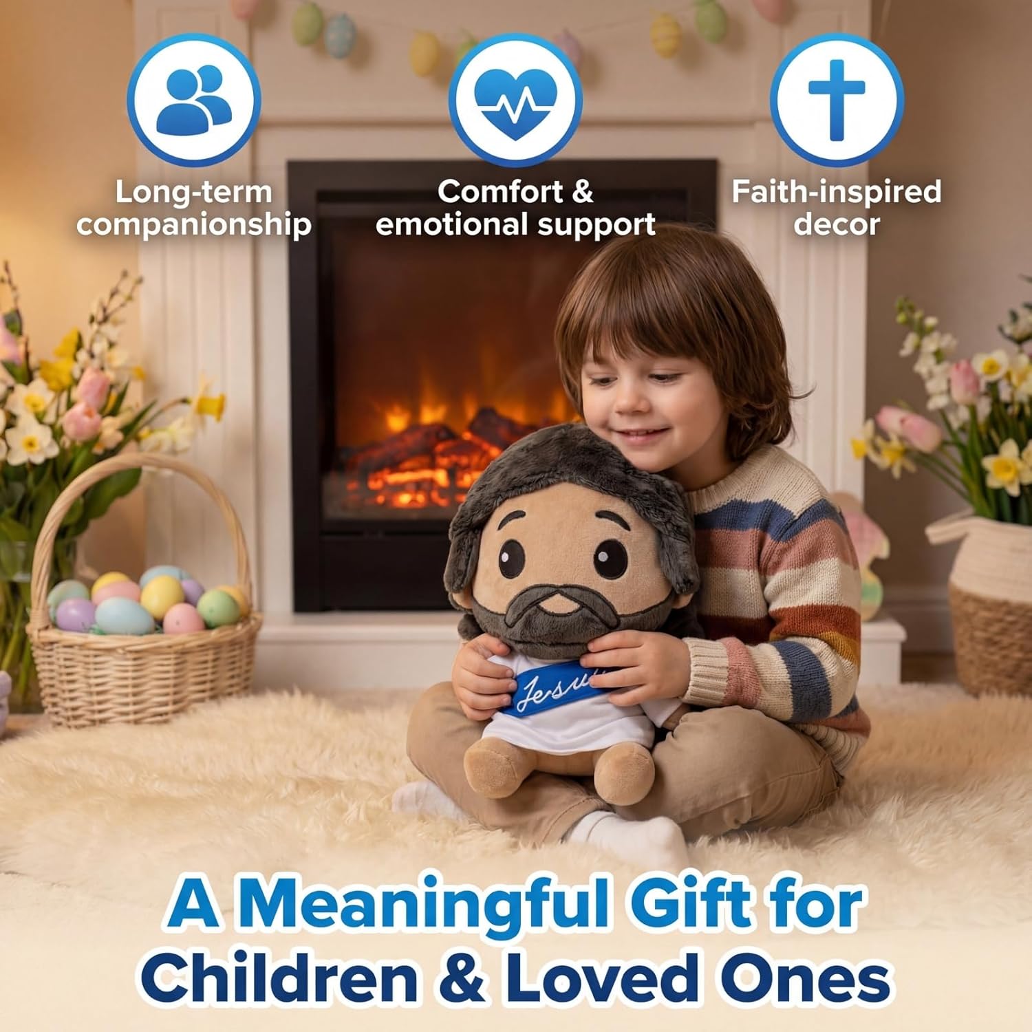 Jesus Plush Doll | Soft Stuffed Jesus Plush with Embroidered Details for Comfort, Gifting, & Christian Home Display | Cuddly Seated Design | 11.22 Inch (Blue)