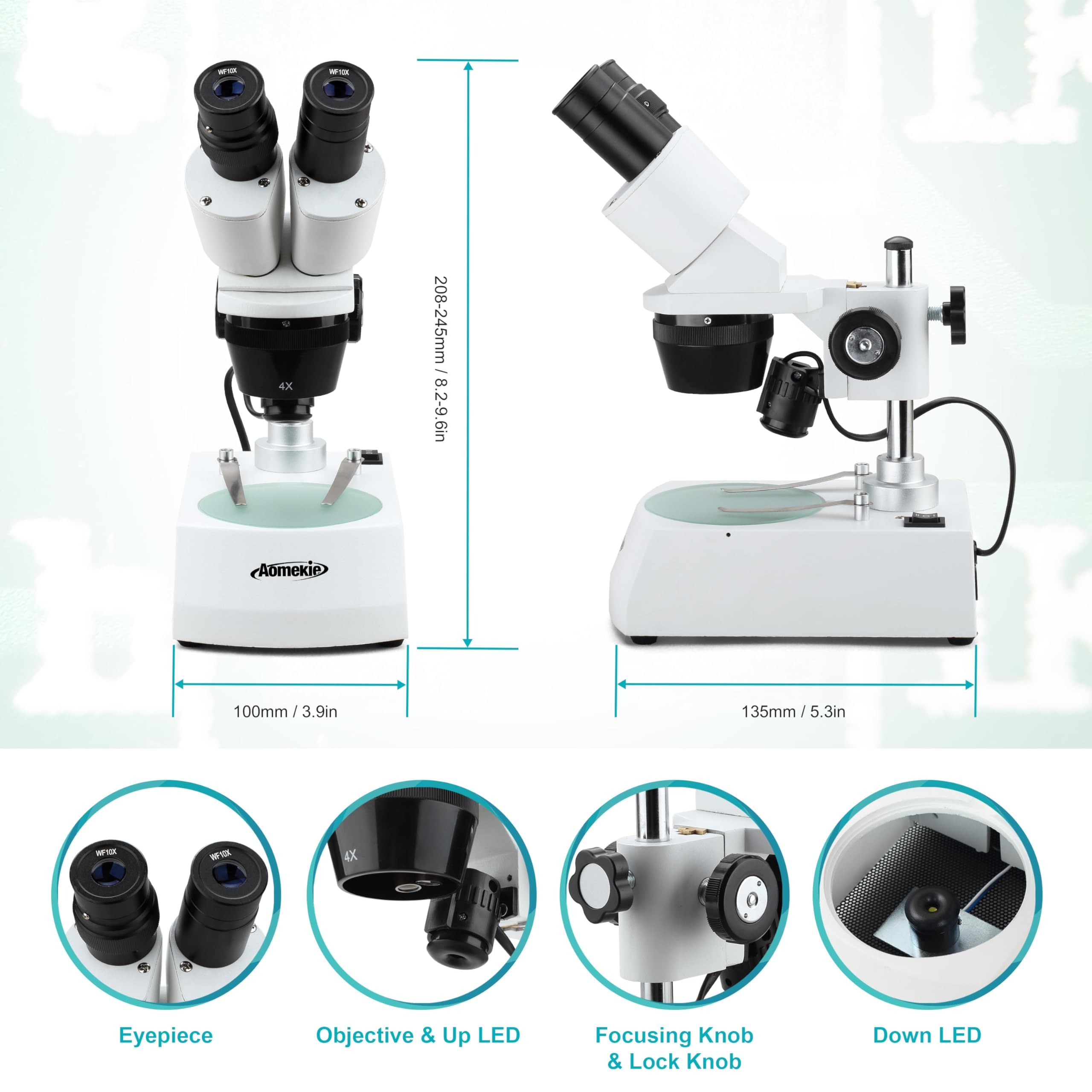 AOMEKIE Stereo Microscopio 20X/40X/80X Binoculare a Montaggio Frontale Oculari WF10X e WF20X, Obiettivi 2X e 4X Illuminazione LED Superiore e Inferiore Piastra Palcoscenico Reversibile Nero/Bianco.