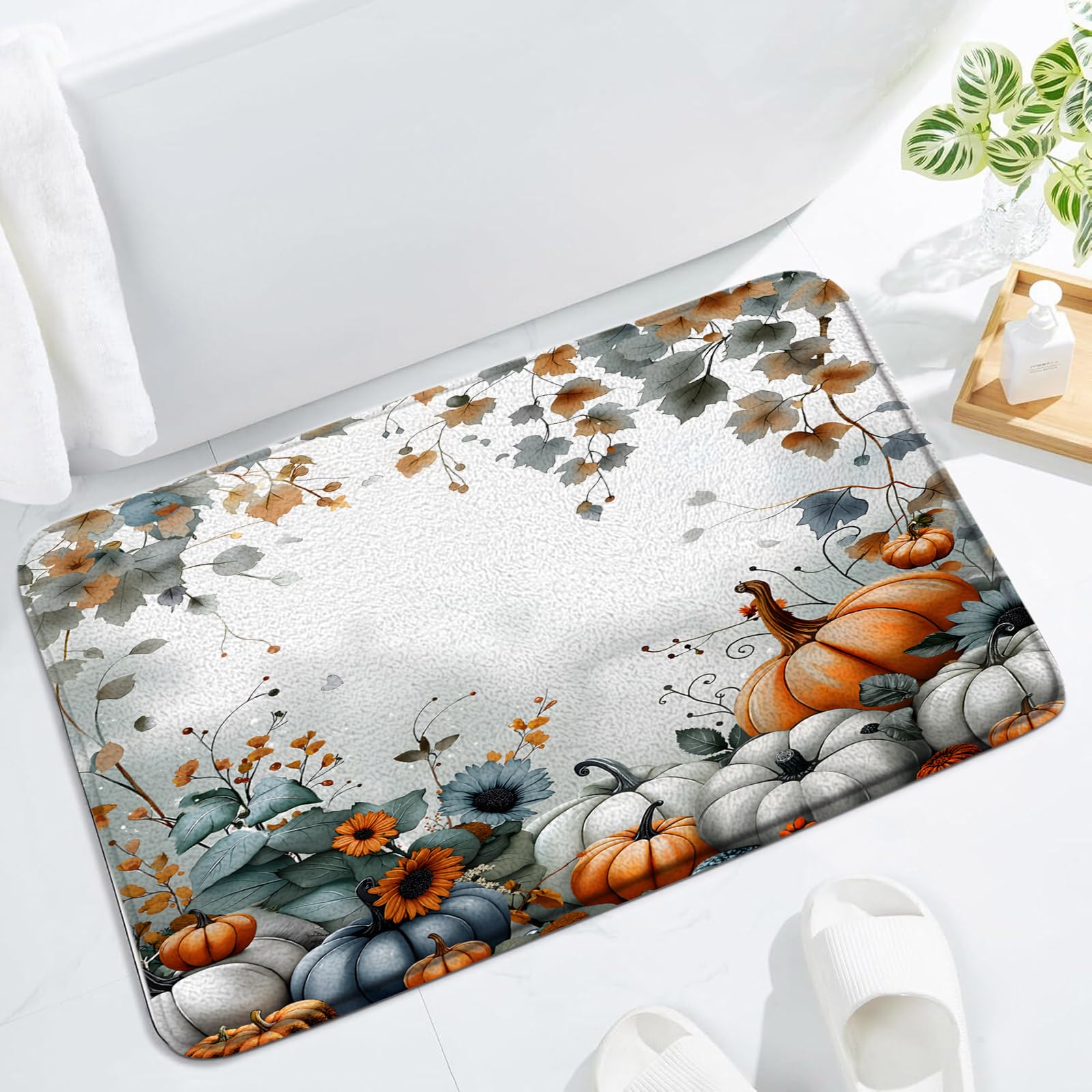 Fall Pumpkins Leaves Bath Mat Watercolor Thanksgiving Autumn Blue Orange Leaves Harvest Farmhouse Seasonal Rustic Nature Scenery Bath