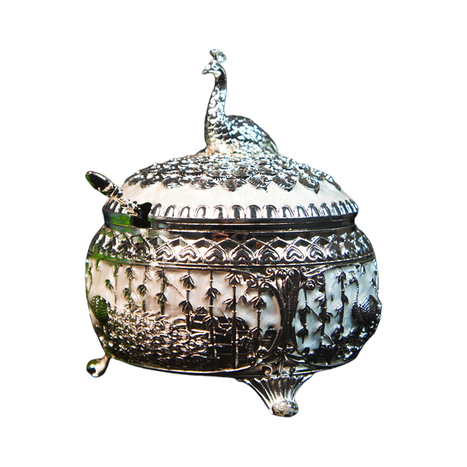 Buxuaaaa Decorative Metal Peacocks Sugar Jar Alloy Candy Canister with Lid and Spoon Kitchen Supplies Tabletop Adornment for Home Elegant Metal Sugar Cup