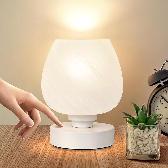 Touch Bedside Table Lamp - Modern Small Lamp for Bedroom Nightstand, 3 Way Dimmable Desk Lamps with White Opal Glass Shade, Night Light for Room Decor, Simple Design Gifts(Warm White Bulb Included)