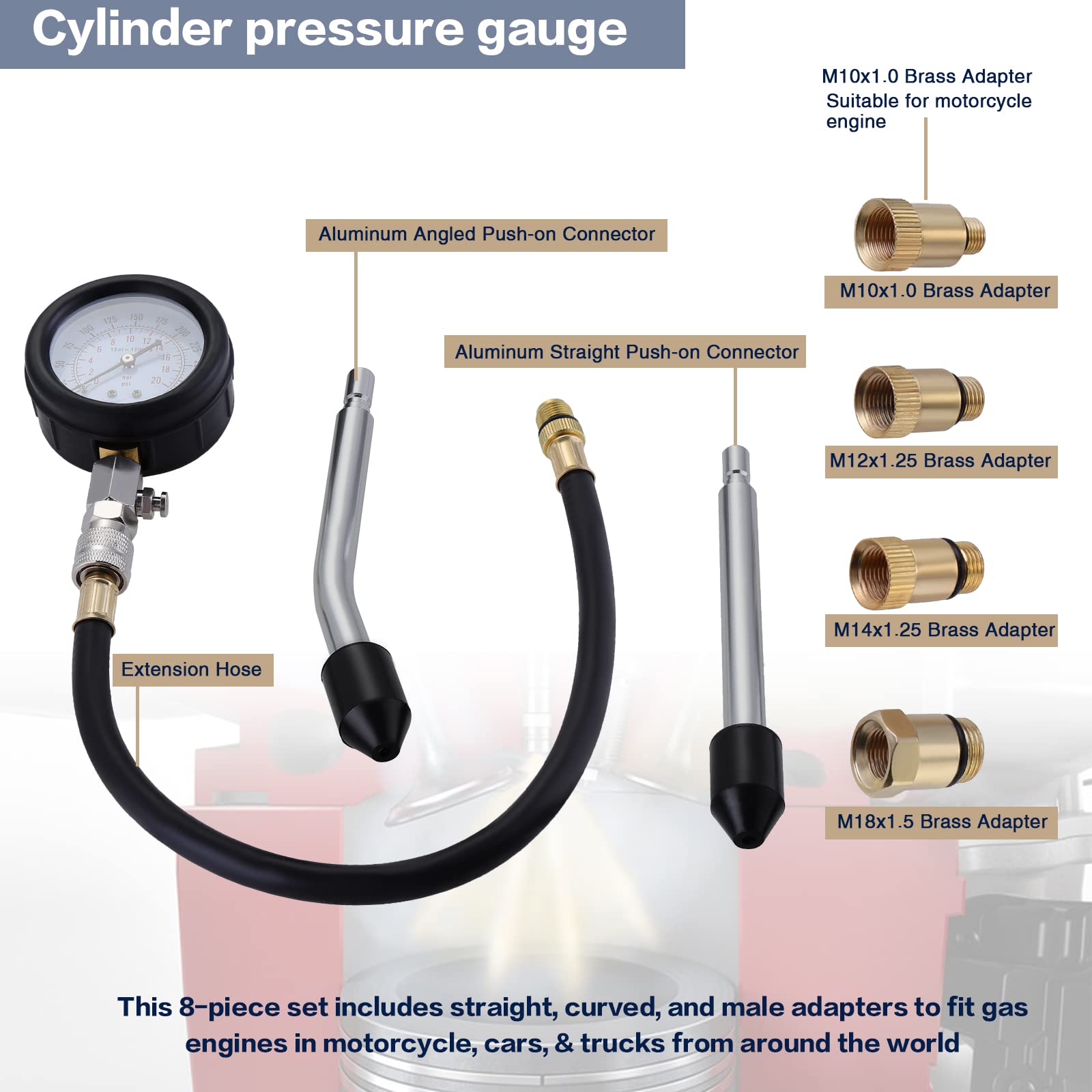Tester di compressione per auto, Tester di Compressione, Cilindro Compressione Tester Kit Con Custodia, Benzina Motore a Gas Cilindro Compressione Tester Kit