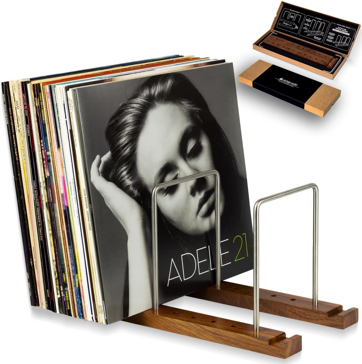 Durable Vinyl Record Storage Holder for 75 LPs, Solid Walnut Record Stand with Built-in Now Playing Display, Sleek Vinyl Record Holder & Display for Album